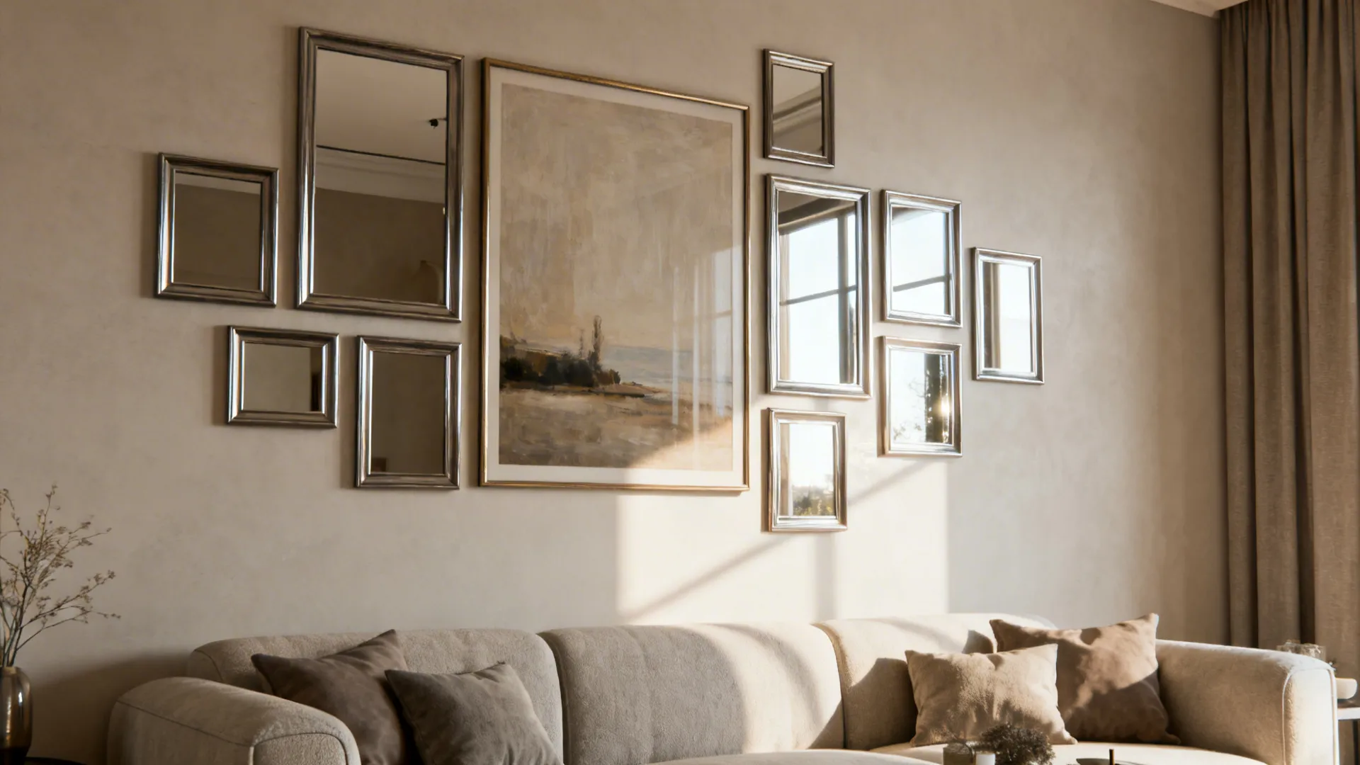 Asymmetrical mix of mirrors and artwork above a sofa reflecting light and enlarging the room