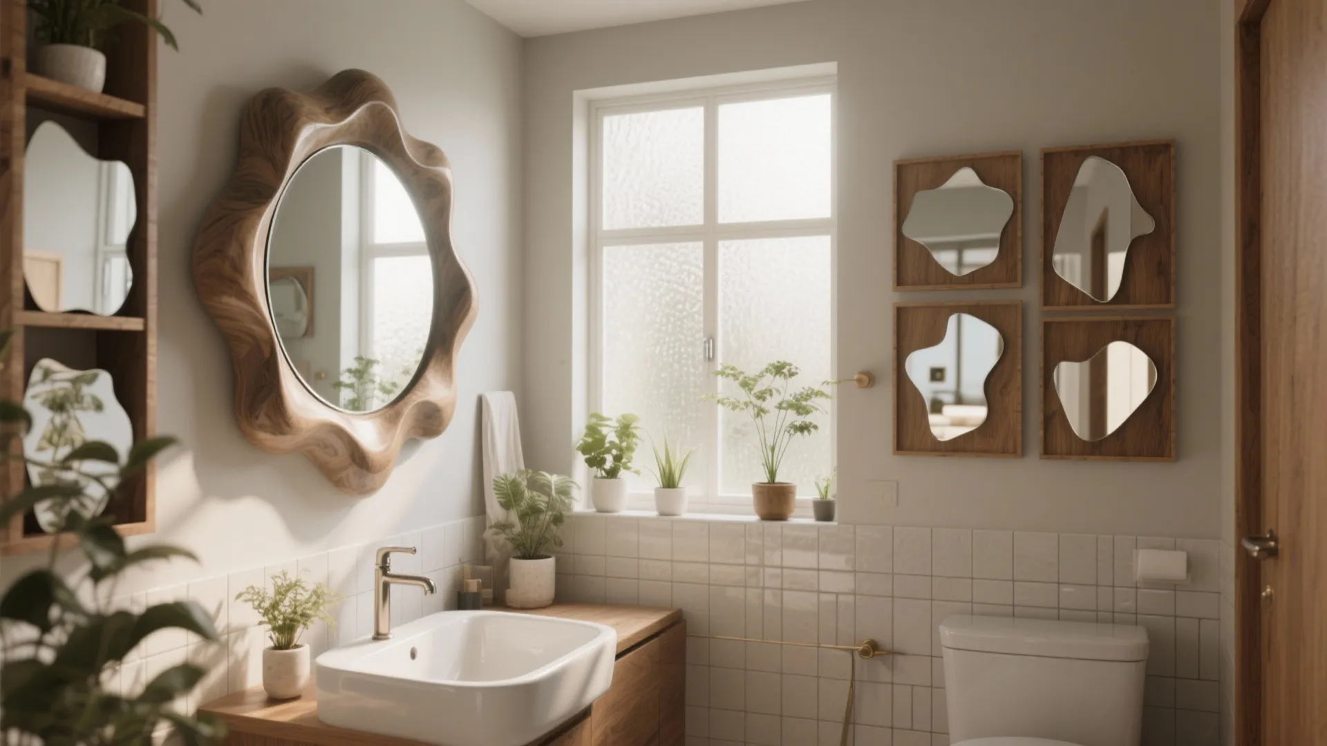 Bright bathroom with a round wooden mirror white sink green plants and small decorative mirrors