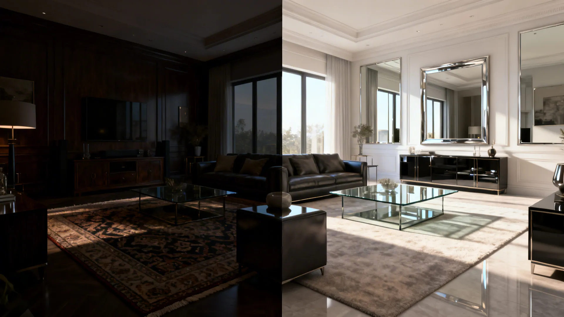 Before-and-after comparison showing how mirrors and reflective surfaces brighten a small living room.