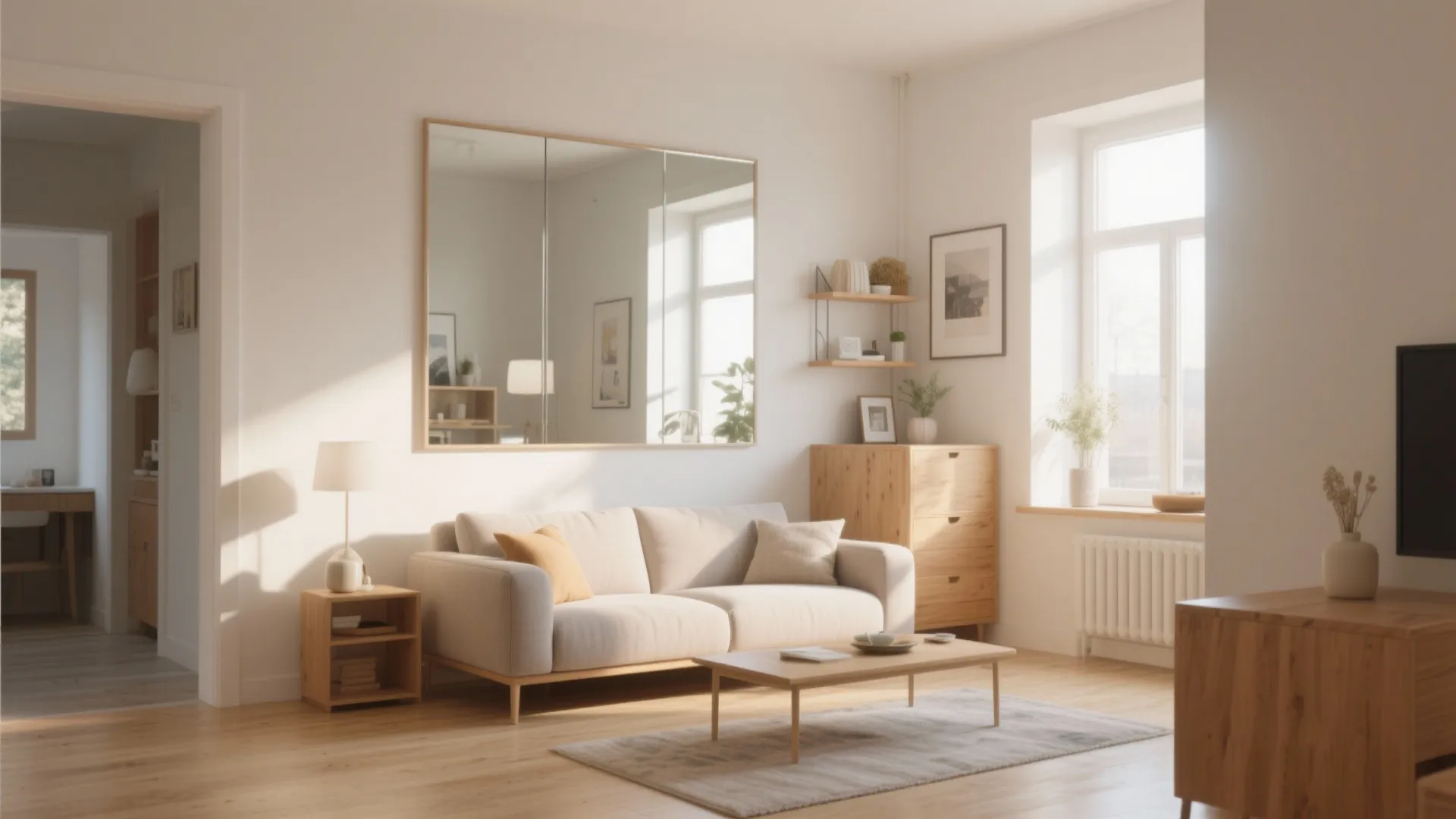 Bright living room with cream sofa wood coffee table large mirror and natural sunlight window