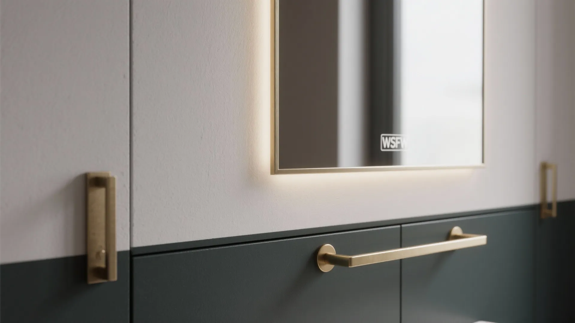 Close-up of two‑tone wall paint, a slim mirror reflecting the room, and new cabinet hardware as a micro‑renovation detail.