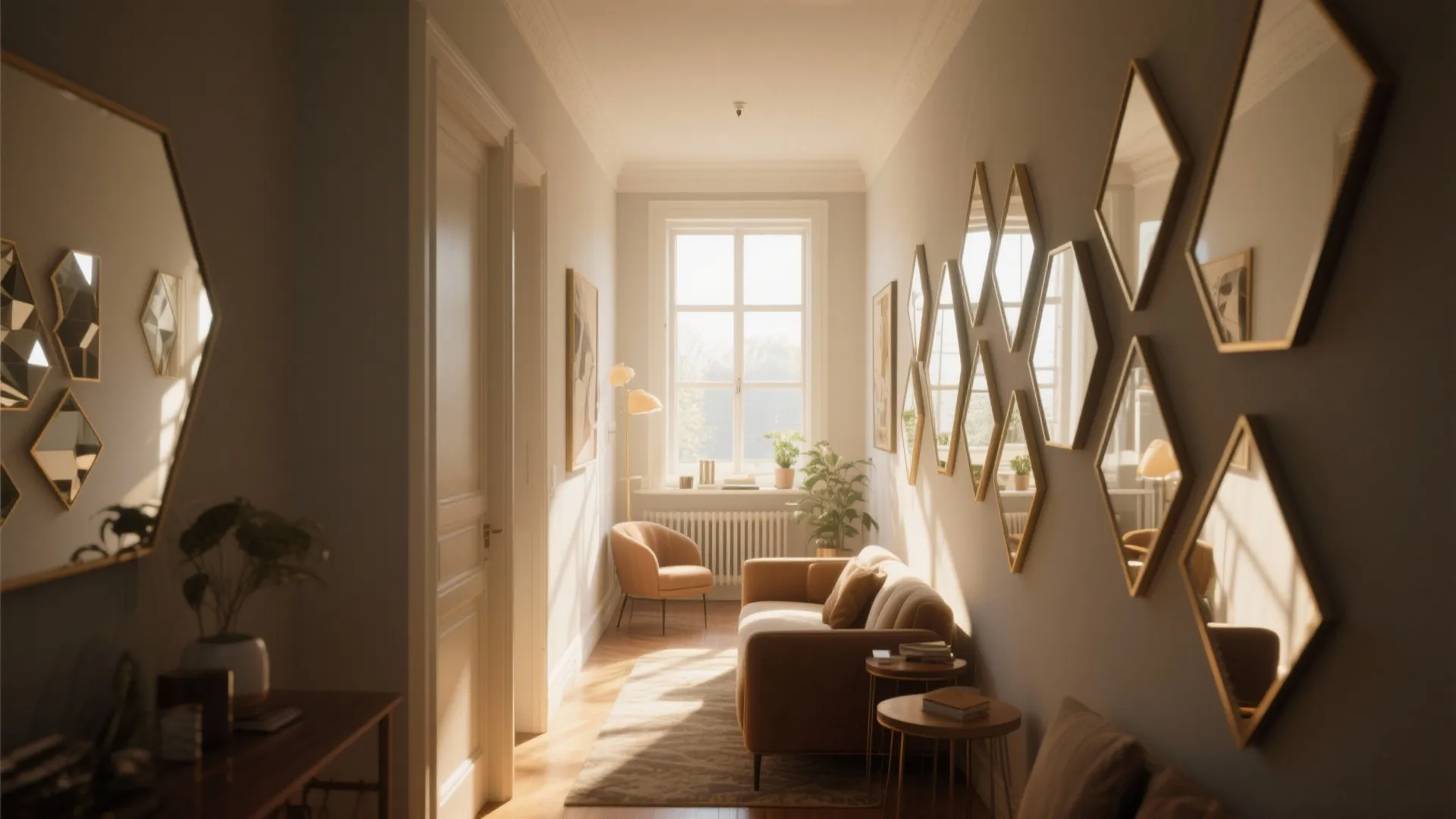 Narrow hallway with small sofa and many geometric mirrors on the wall near bright window