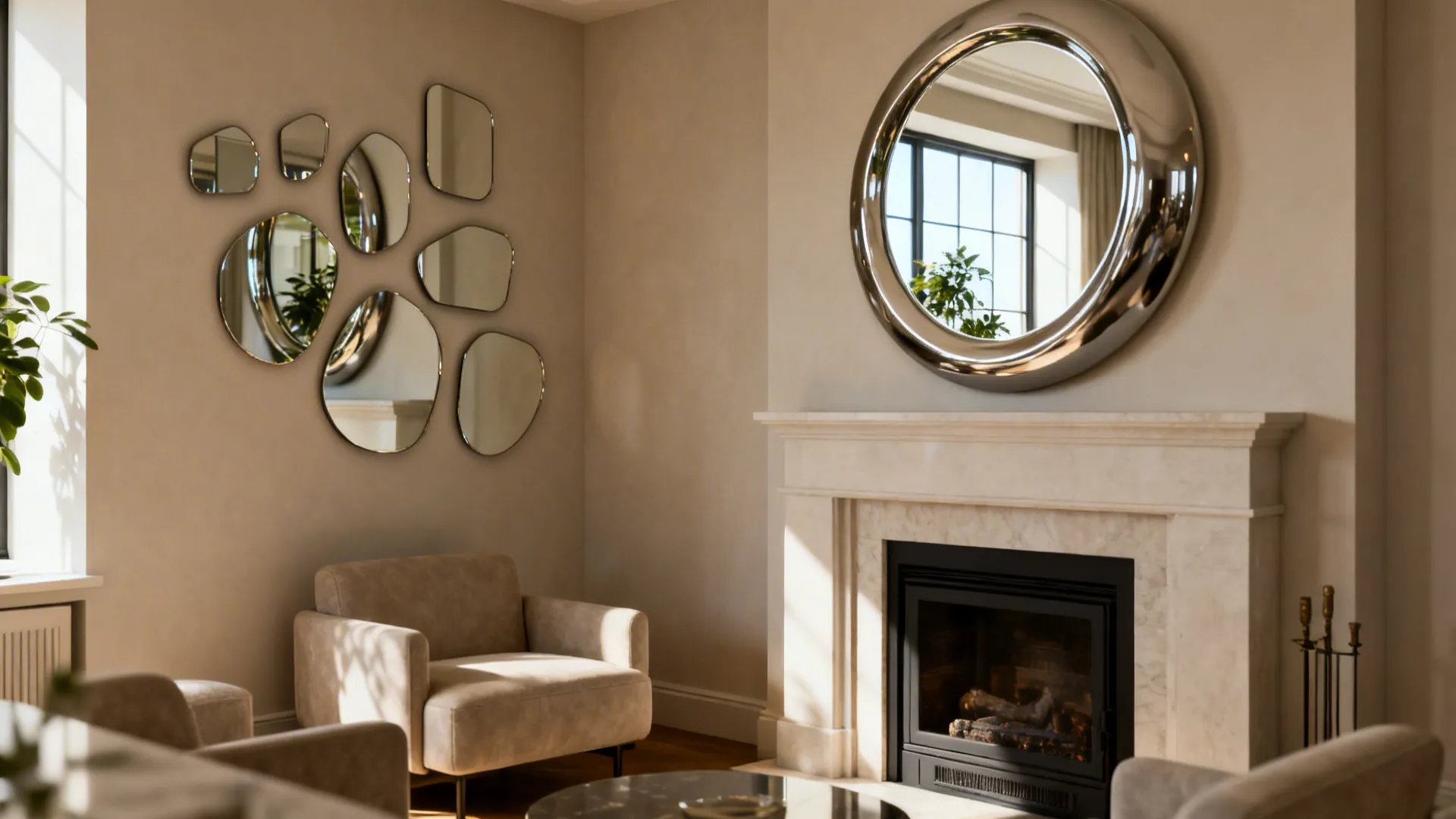 Round sculptural mirror above a mantel reflecting light to expand a small living room