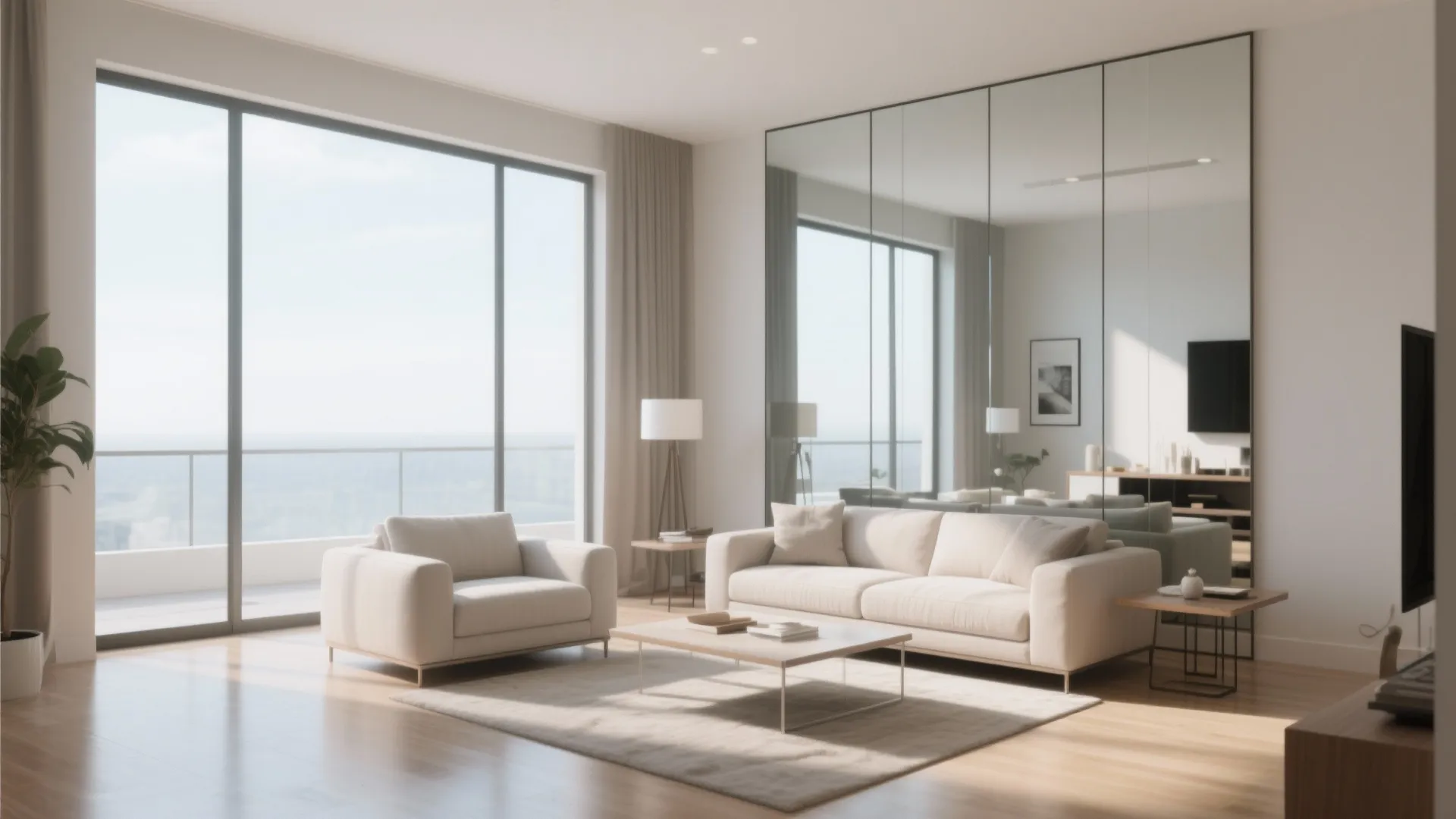Bright living room with white sofas wooden floor large mirrors floor lamp and big glass balcony