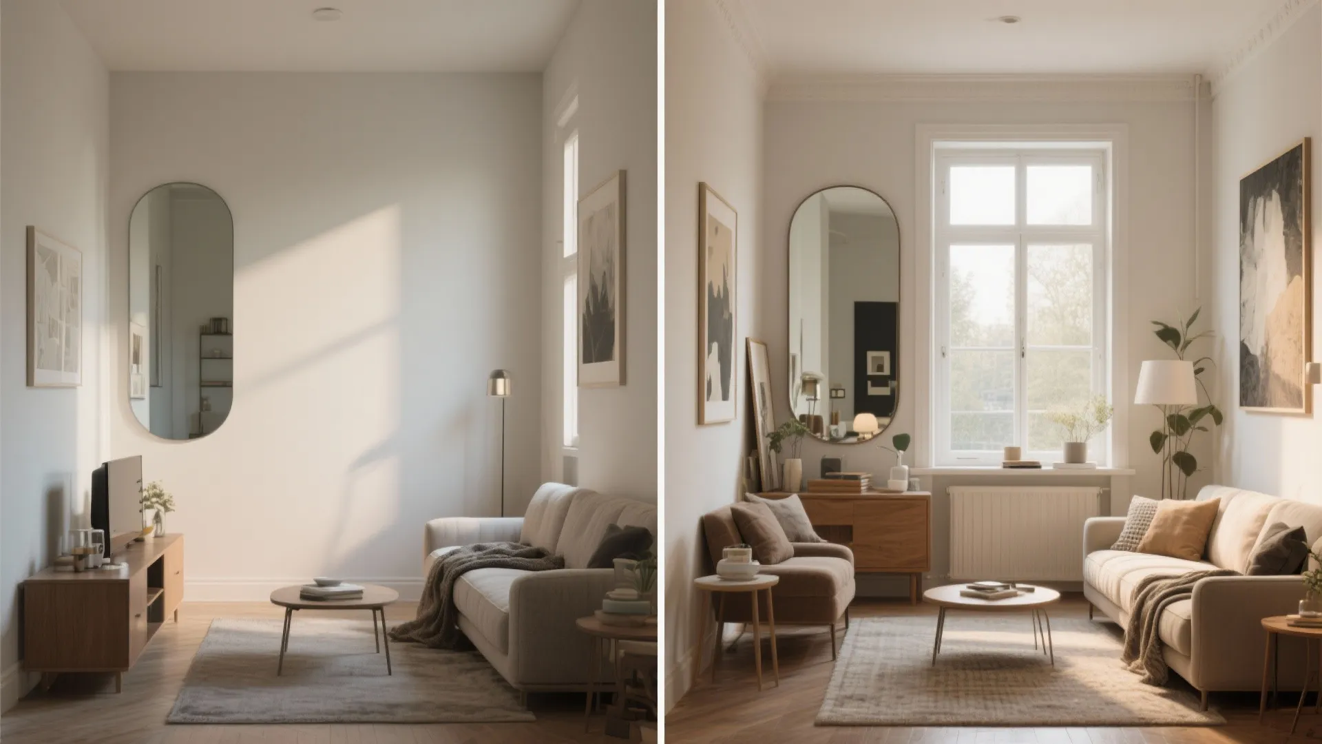 Side by side comparison of a minimalist living room before and after adding more furniture
