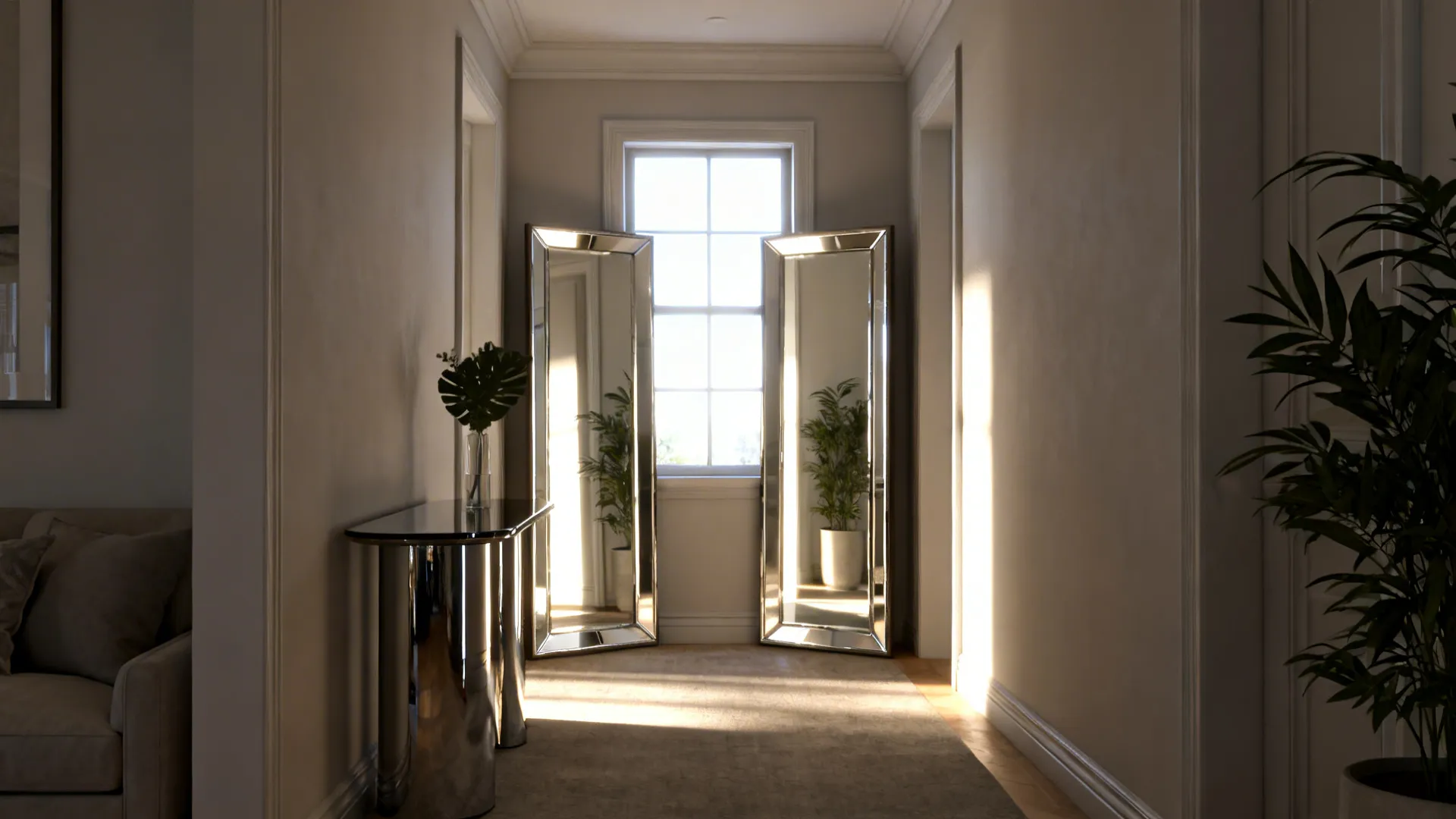 Pair of mirrors opposite a window widening and brightening a narrow living room.