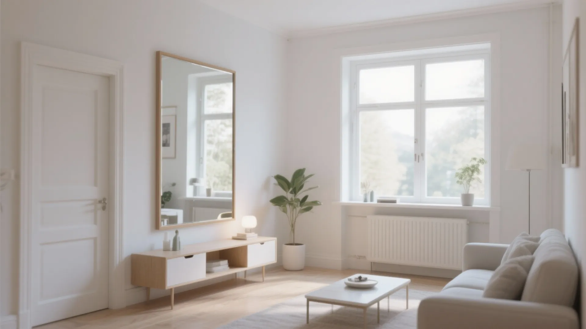 Bright living room with large wall mirror above wooden cabinet white window green plant and sofa