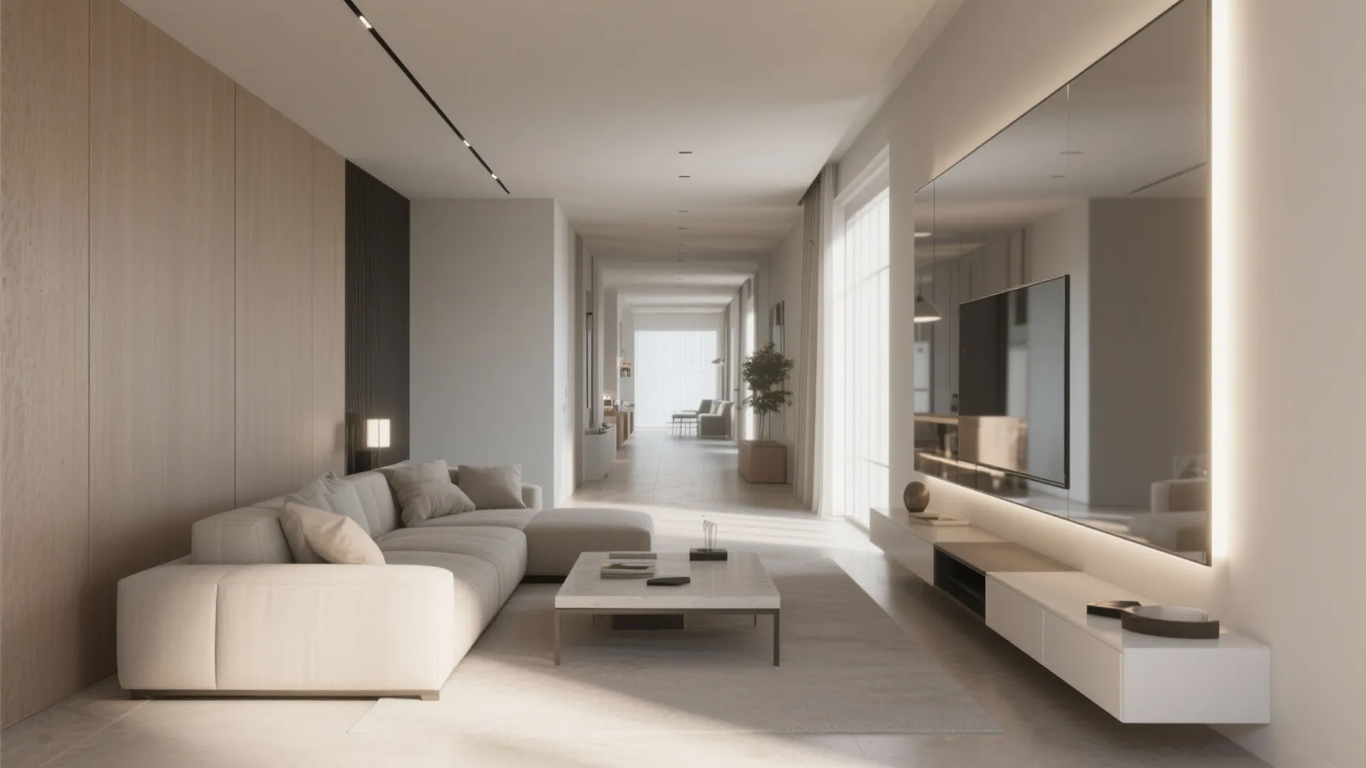 Minimalist living room with a white sofa, marble coffee table, and large mirrored wall lighting