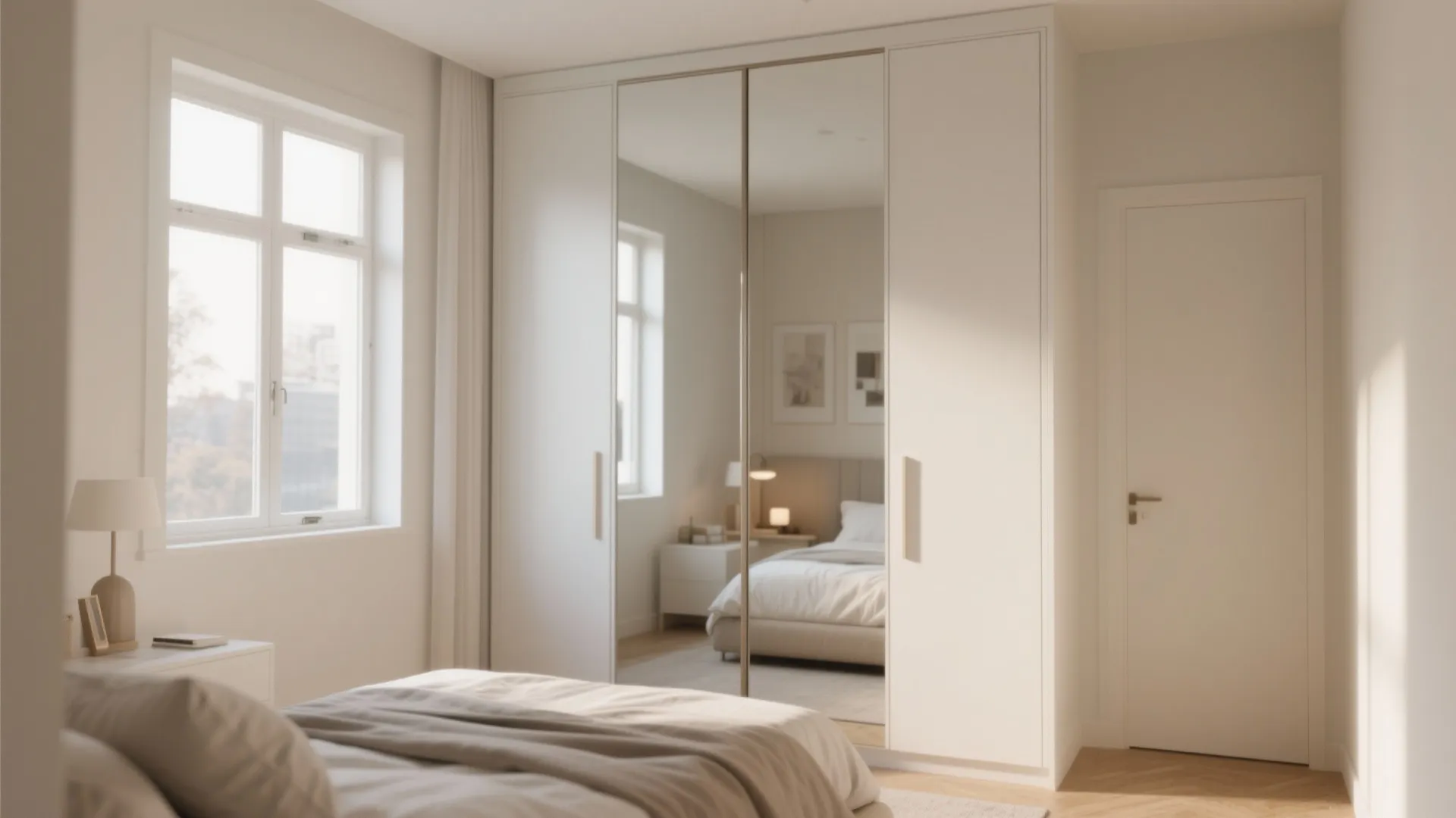 Small bedroom with large mirrors reflecting natural light
