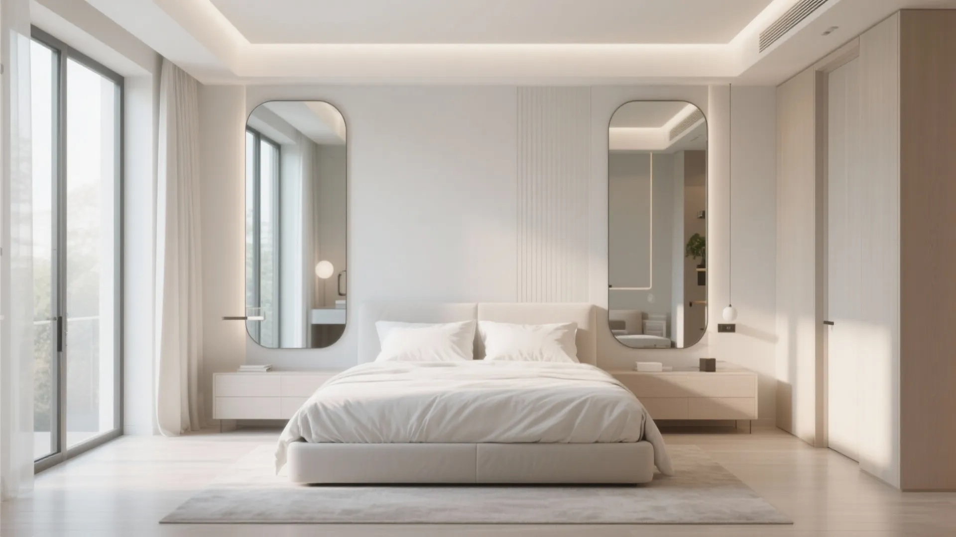 Minimalist white bedroom featuring two large wall mirrors, a comfortable bed, and soft natural light