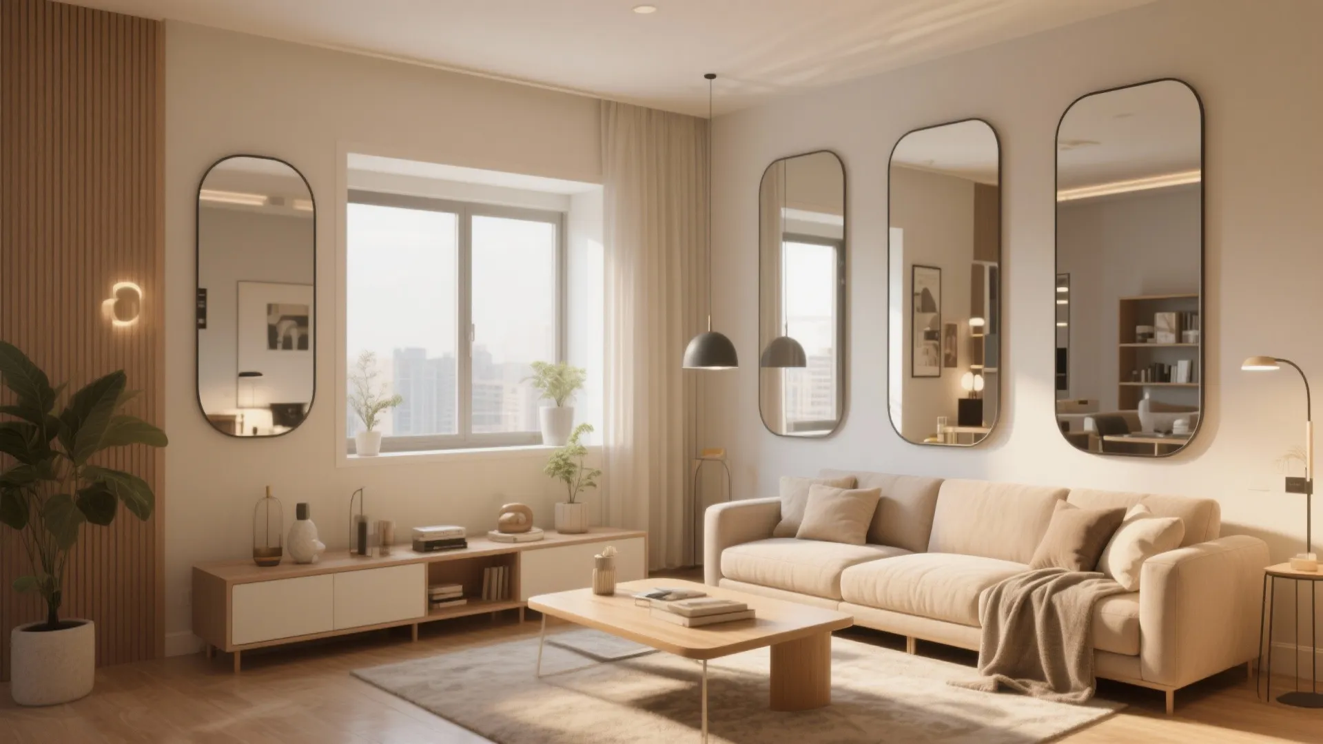 Bright living room with three large oval wall mirrors above a sofa and coffee table