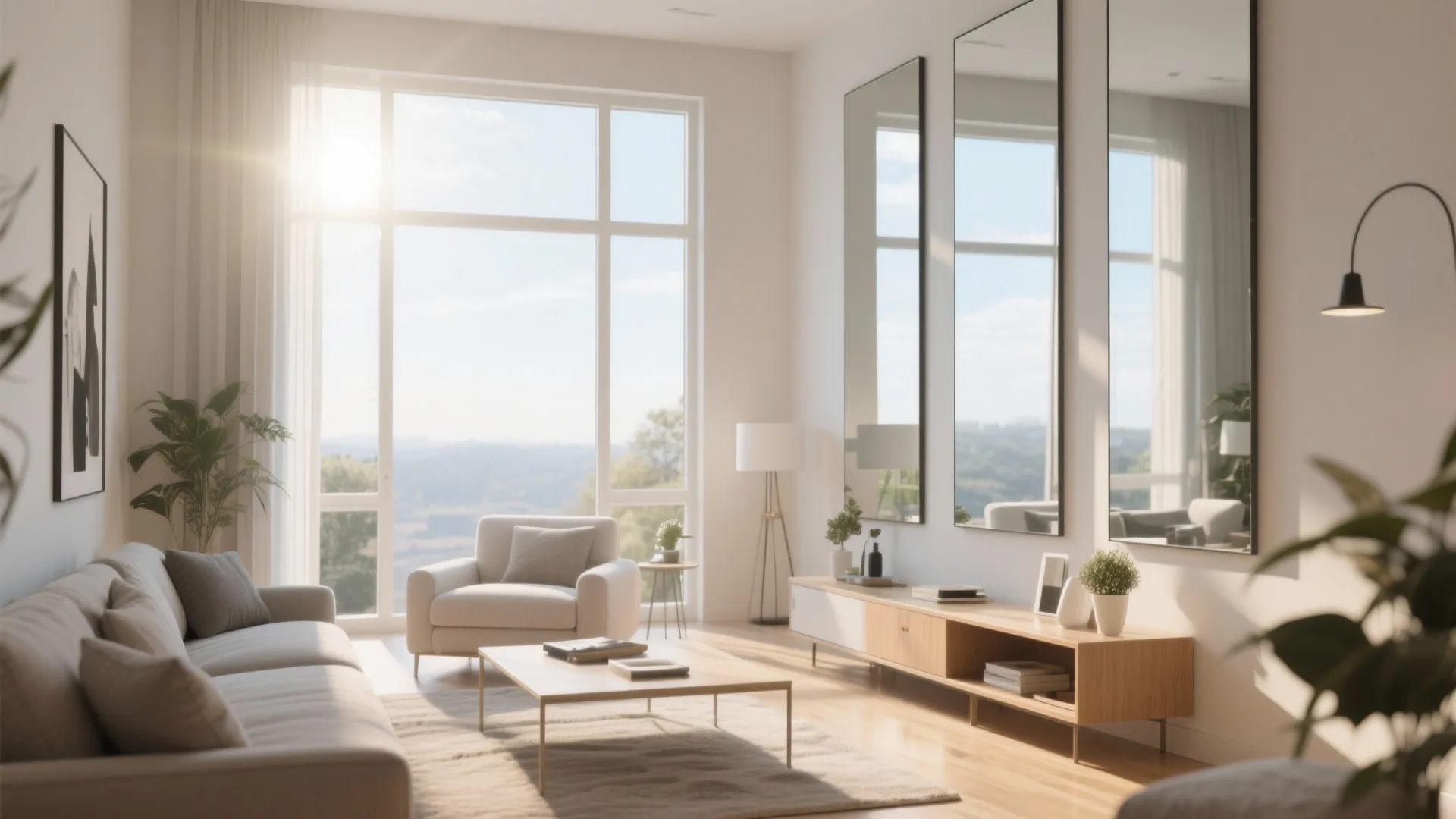 Bright living room with three tall wall mirrors reflecting sunlight next to a cozy grey sofa