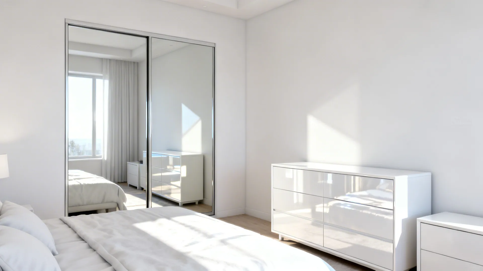 Bedroom with mirrored wardrobe door and lacquered white dresser to amplify light