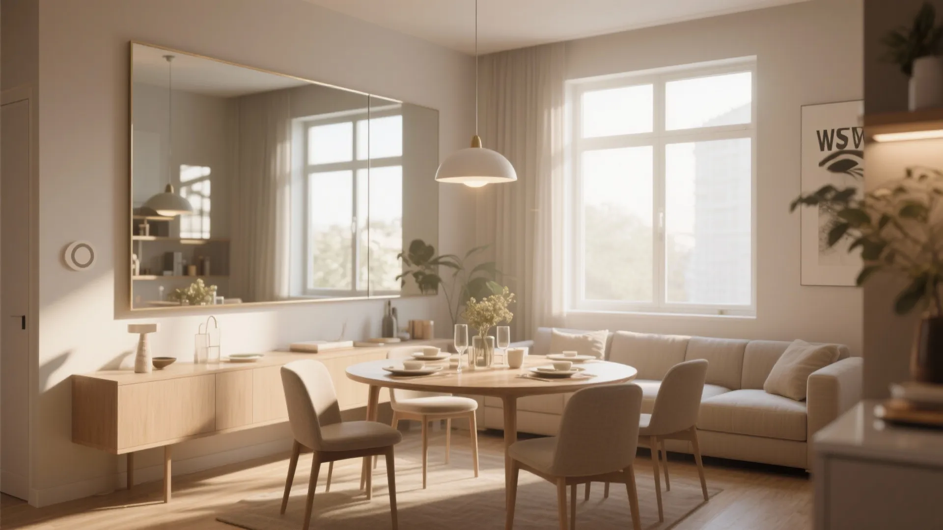Dining room with large wall mirror wooden cabinet round table and white ceiling light fixture