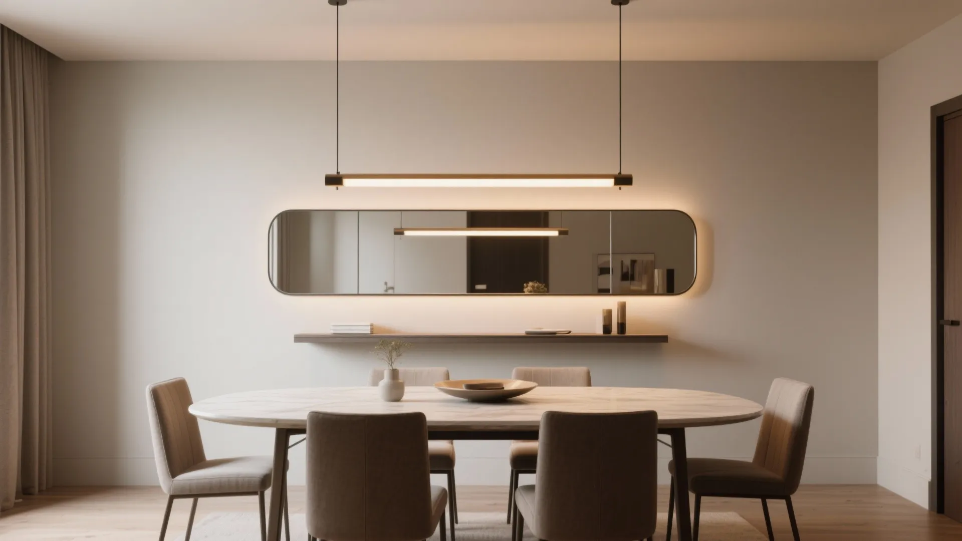 Modern dining room featuring an oval table with chairs and a long wall mirror light