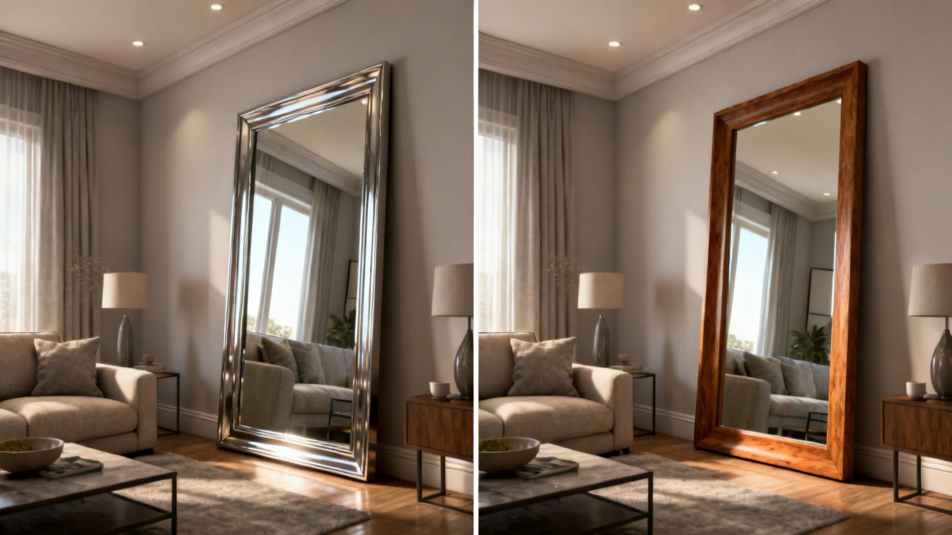 Before-and-after comparison of mirrors facing each other versus one mirror offset for calmer reflections.