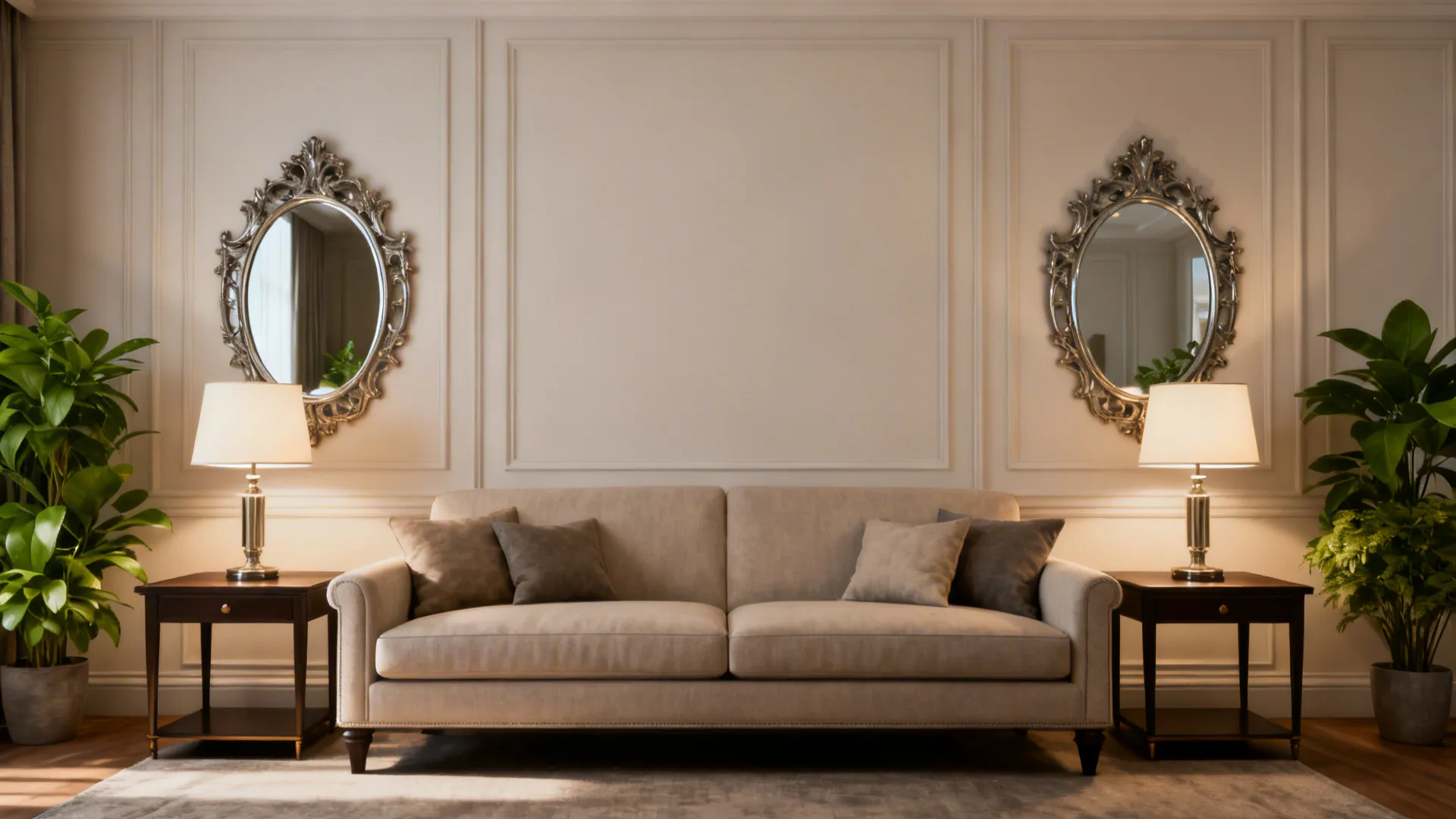 Sofa with two matching mirrors on each side creating symmetry in a living room