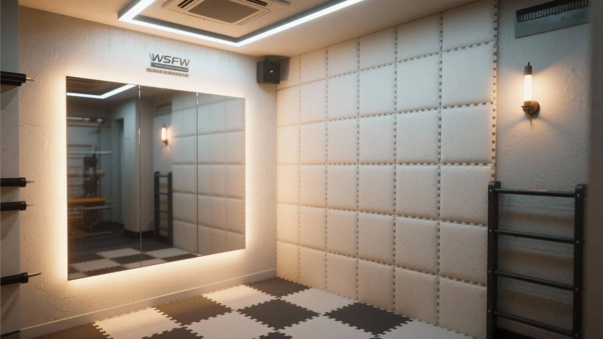 Empty fitness room featuring large wall mirror checkered floor tiles and white padded wall panel design