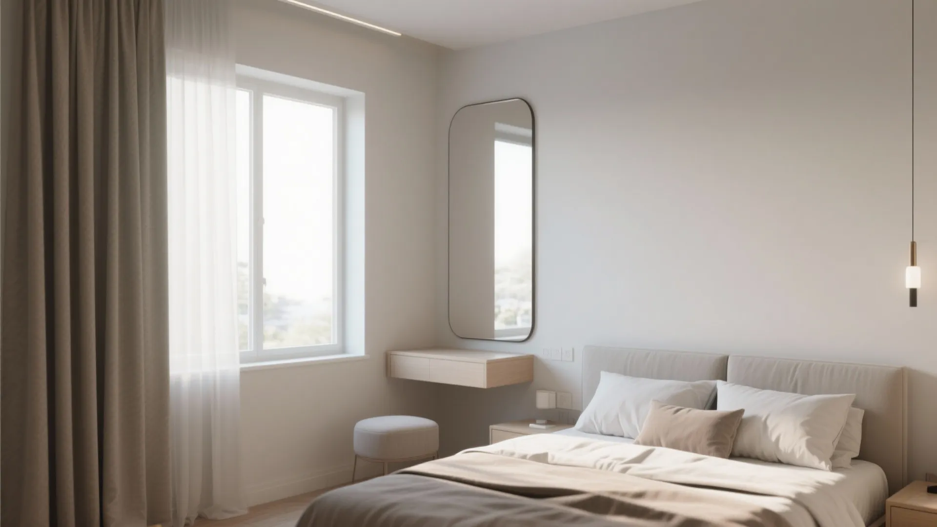 Minimalist bedroom with a wall mirror above a wooden desk large window curtains and bed