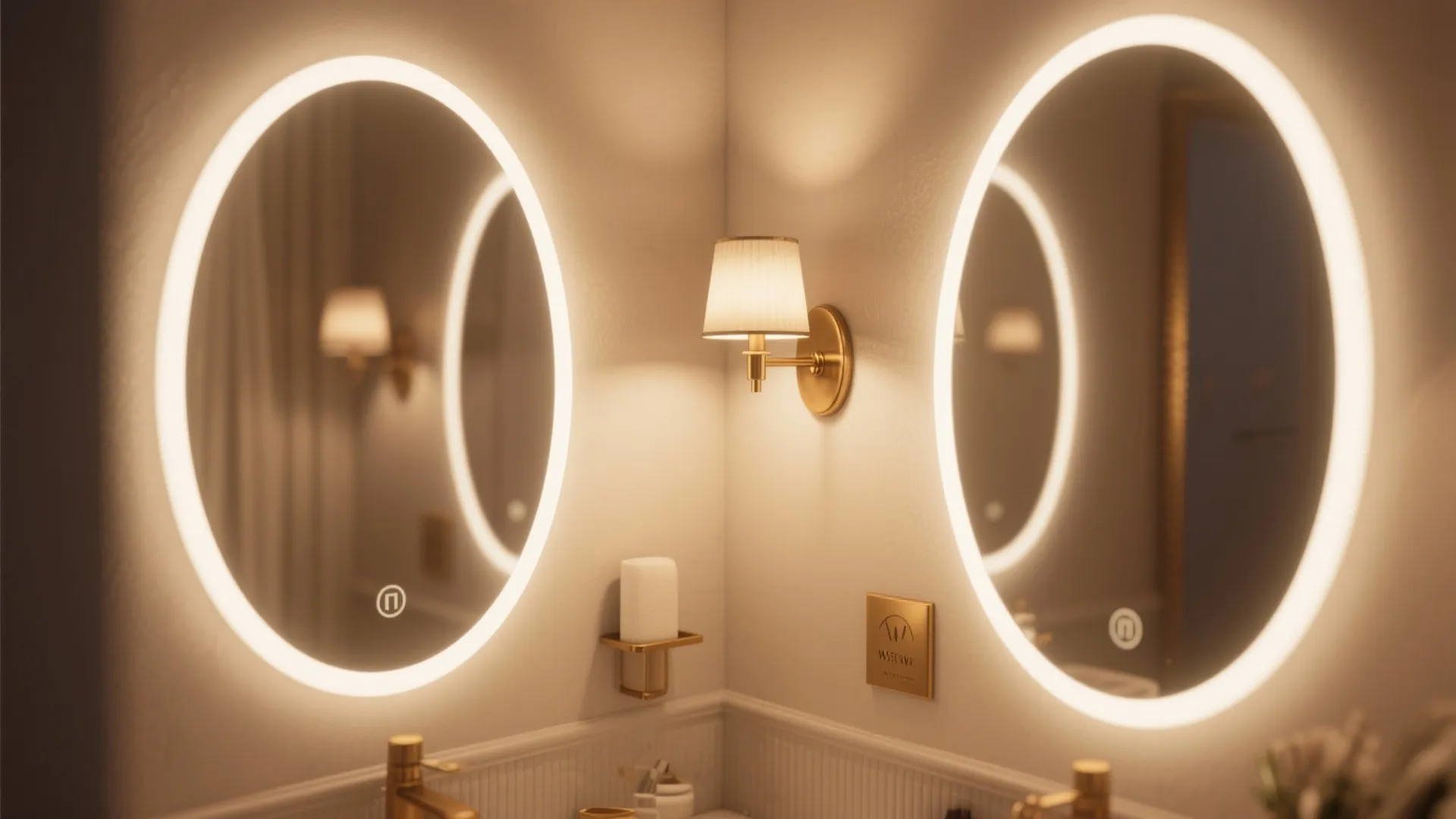 Two round lighted mirrors on bathroom walls with small wall light and gold faucet details