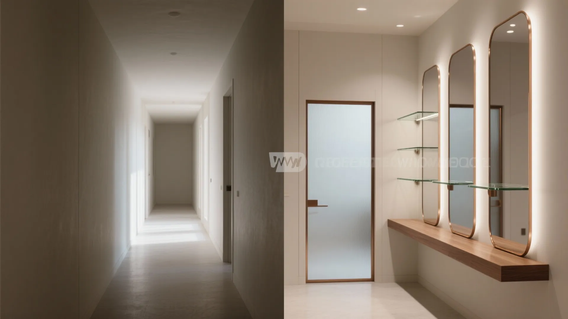 Modern hallway design featuring three tall oval mirrors above wooden shelf and glass wall shelves