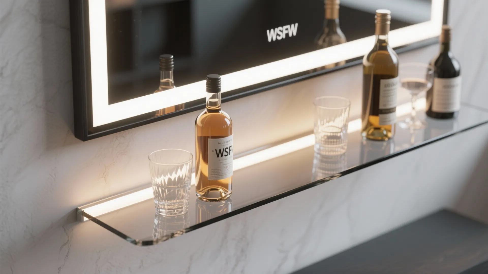Close-up of thin-framed mirror and glass shelf with LED strip reflecting bottles in a basement bar.