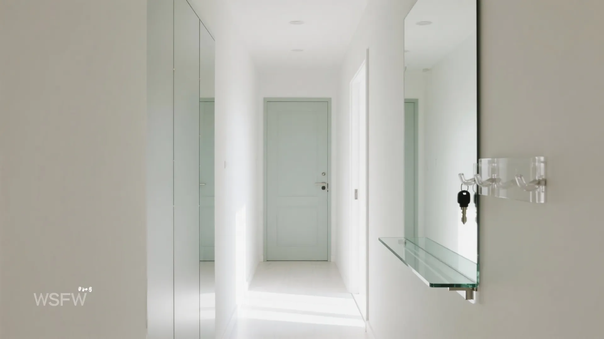 Modern white hallway with light green door and wall mirror with a small glass shelf