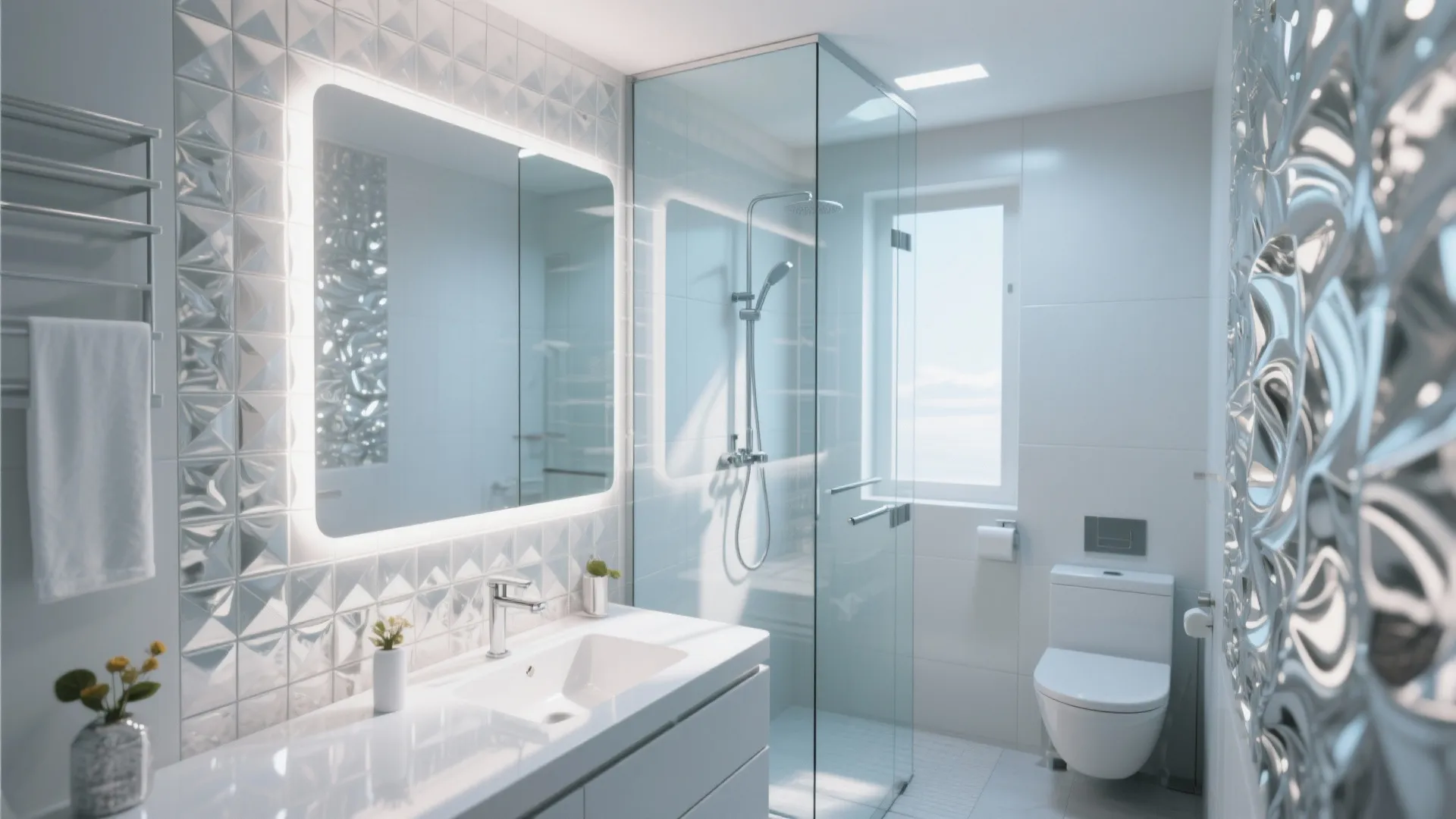 5. Mirrors, glass, and sculpted tiles for depth