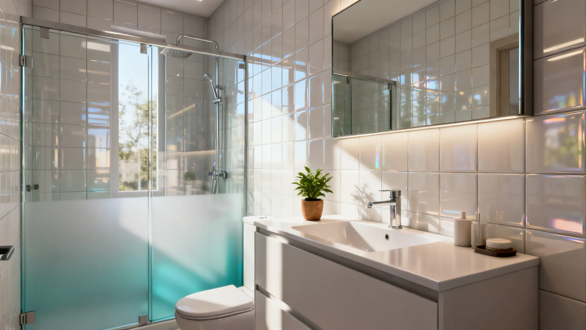 Bright bathroom featuring a glass shower door with blue film and white sink cabinet mirror