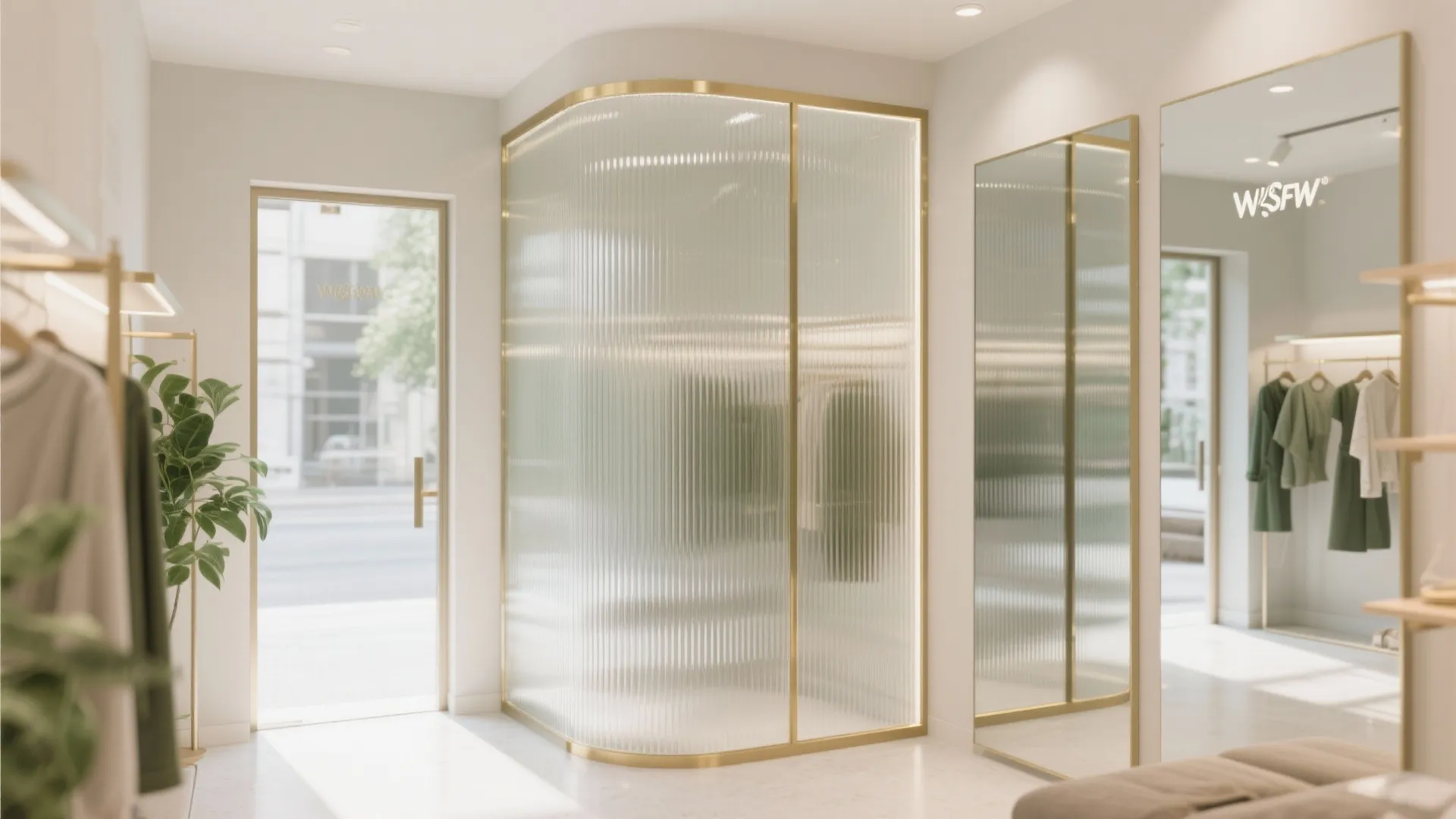 Modern boutique entrance featuring a curved glass partition gold frames large mirrors and green plants
