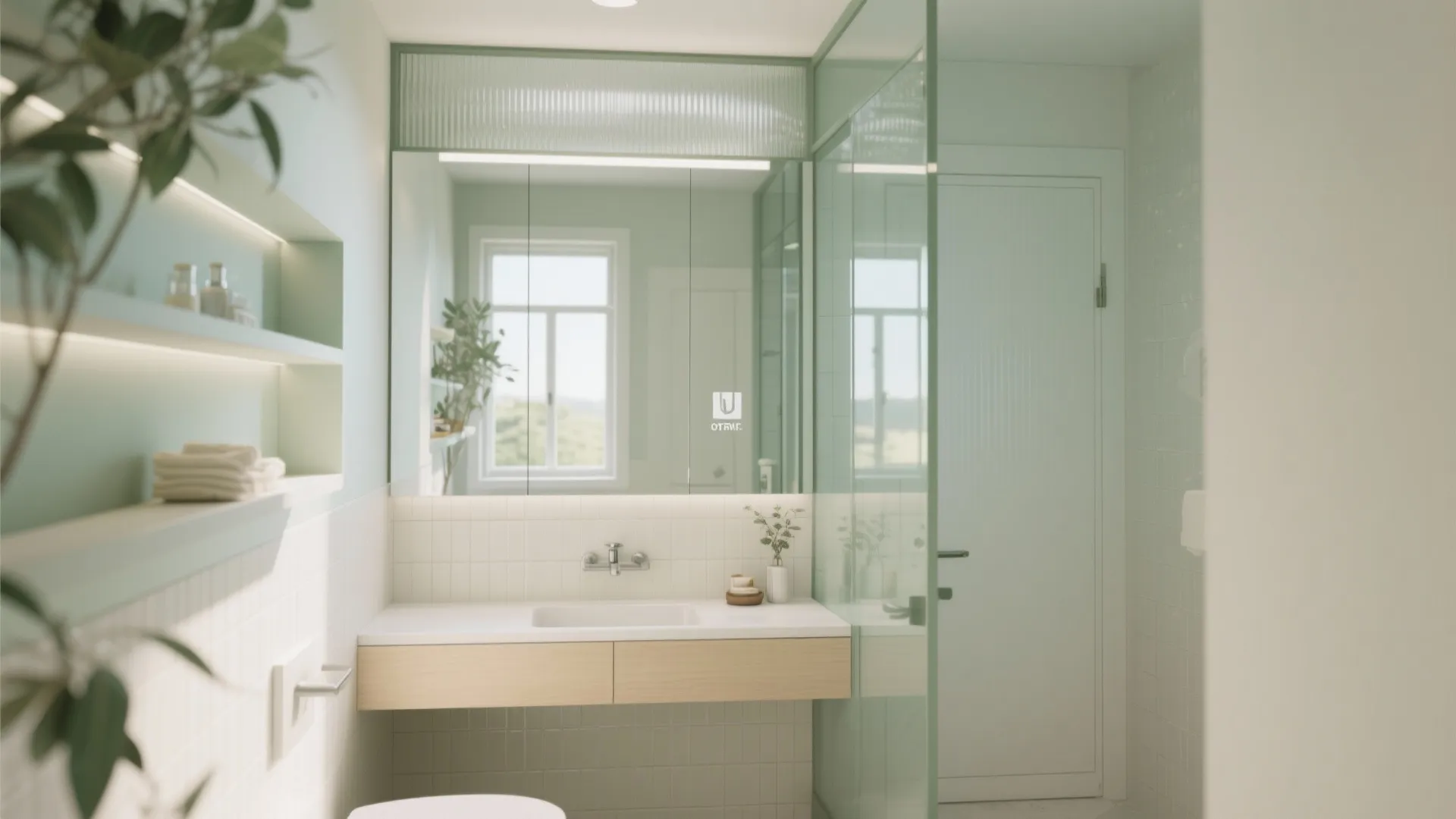 Light green bathroom with floating wood cabinet large mirror glass shower door and open shelving