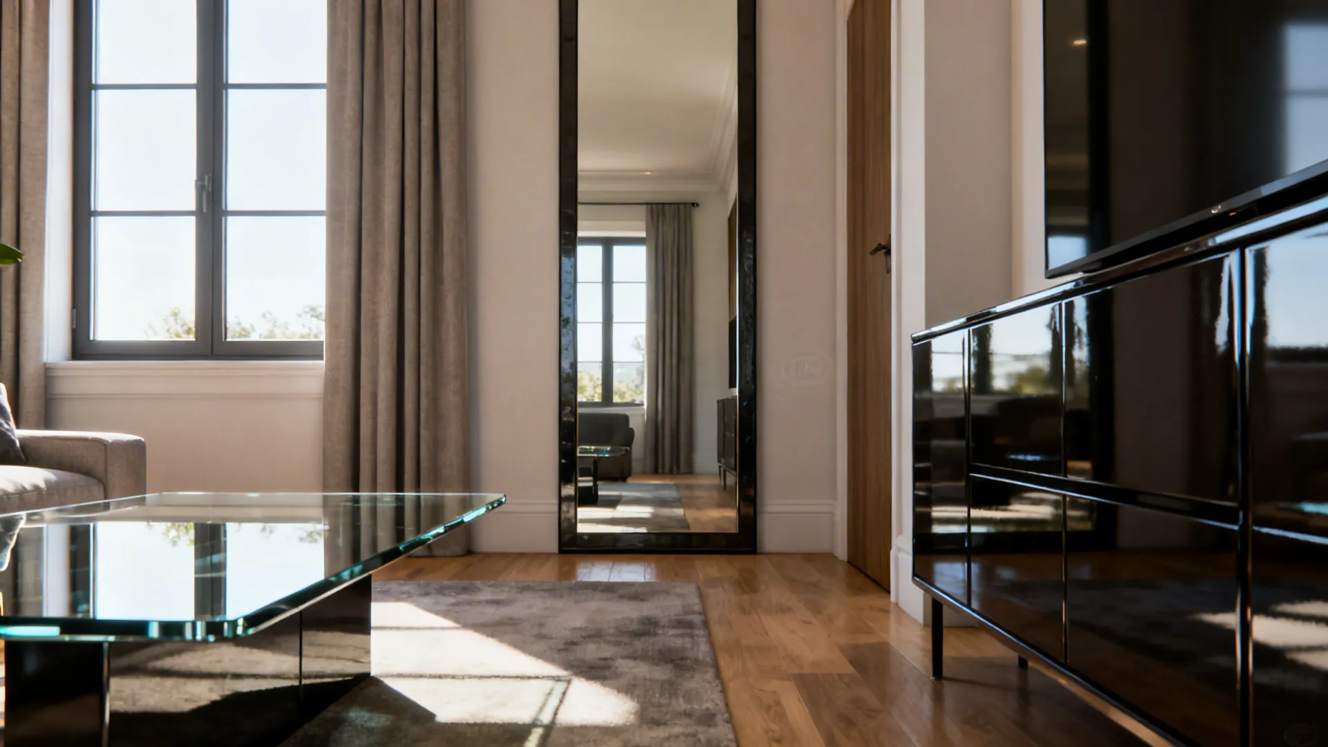 Floor-to-ceiling mirror and glossy surfaces reflecting daylight to visually widen a narrow living room.