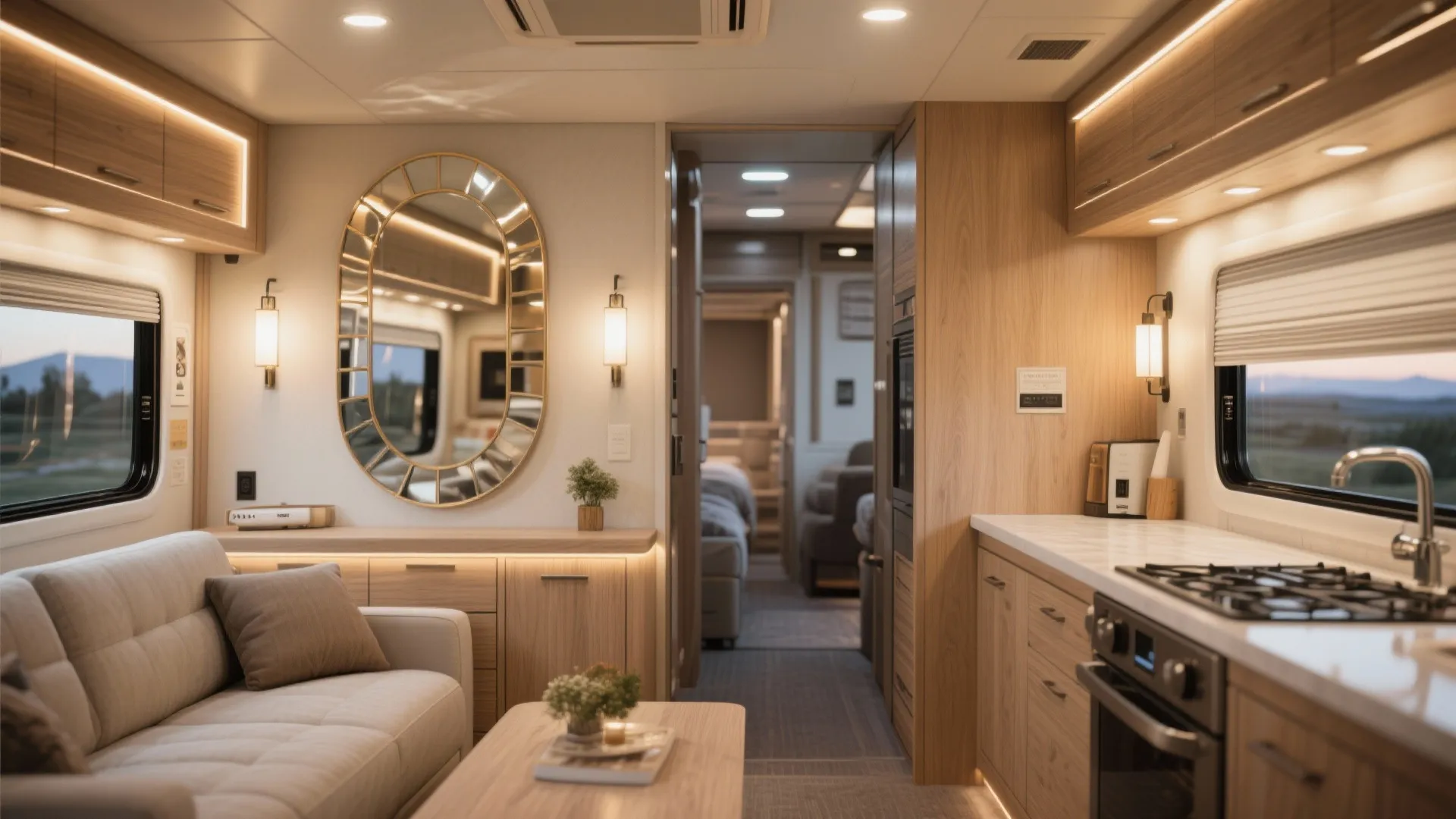 Living area with large mirror and layered lighting creating a brighter, spacious feel