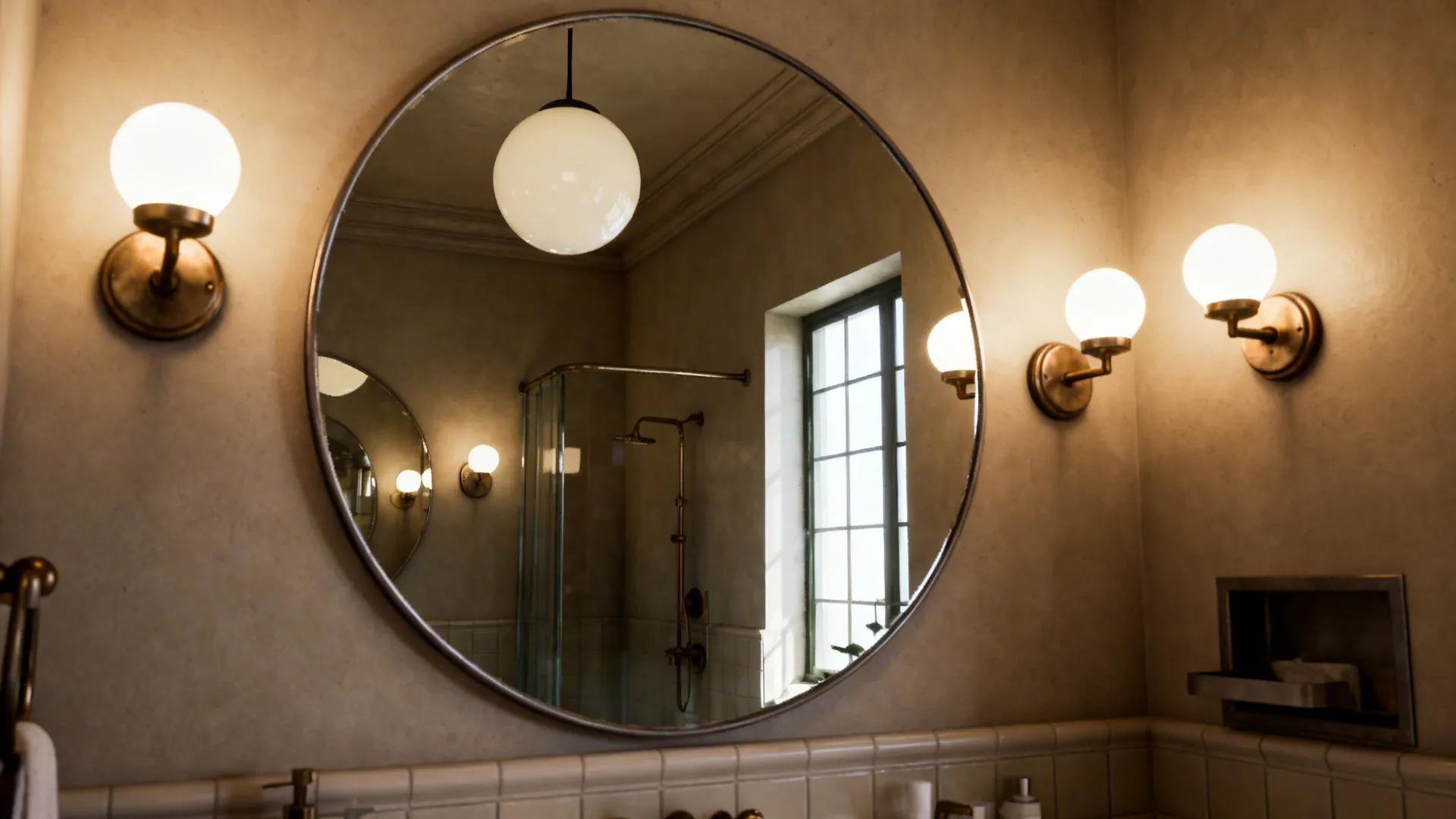 Small bathroom with a large round mirror and layered warm lighting to enhance perceived space.