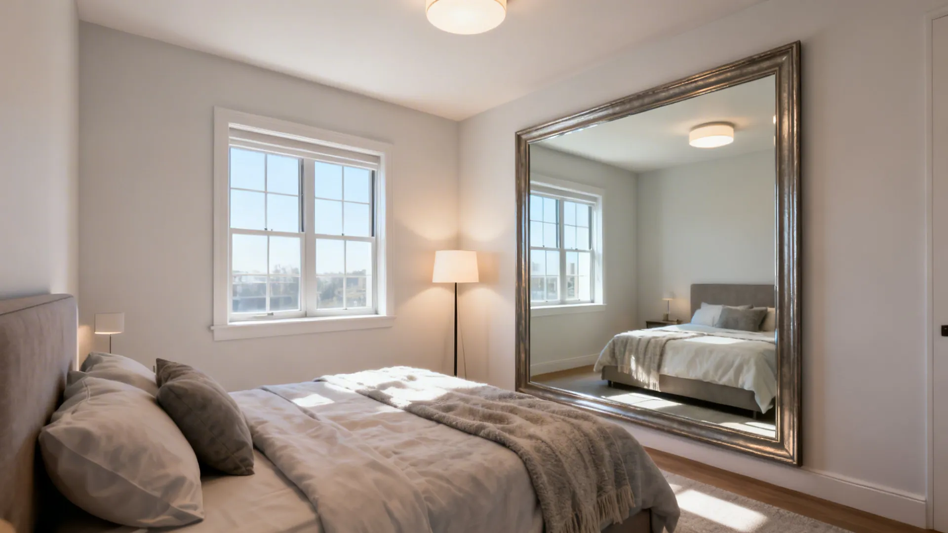 Bright modern bedroom with grey bed and large mirror reflecting the room next to windows