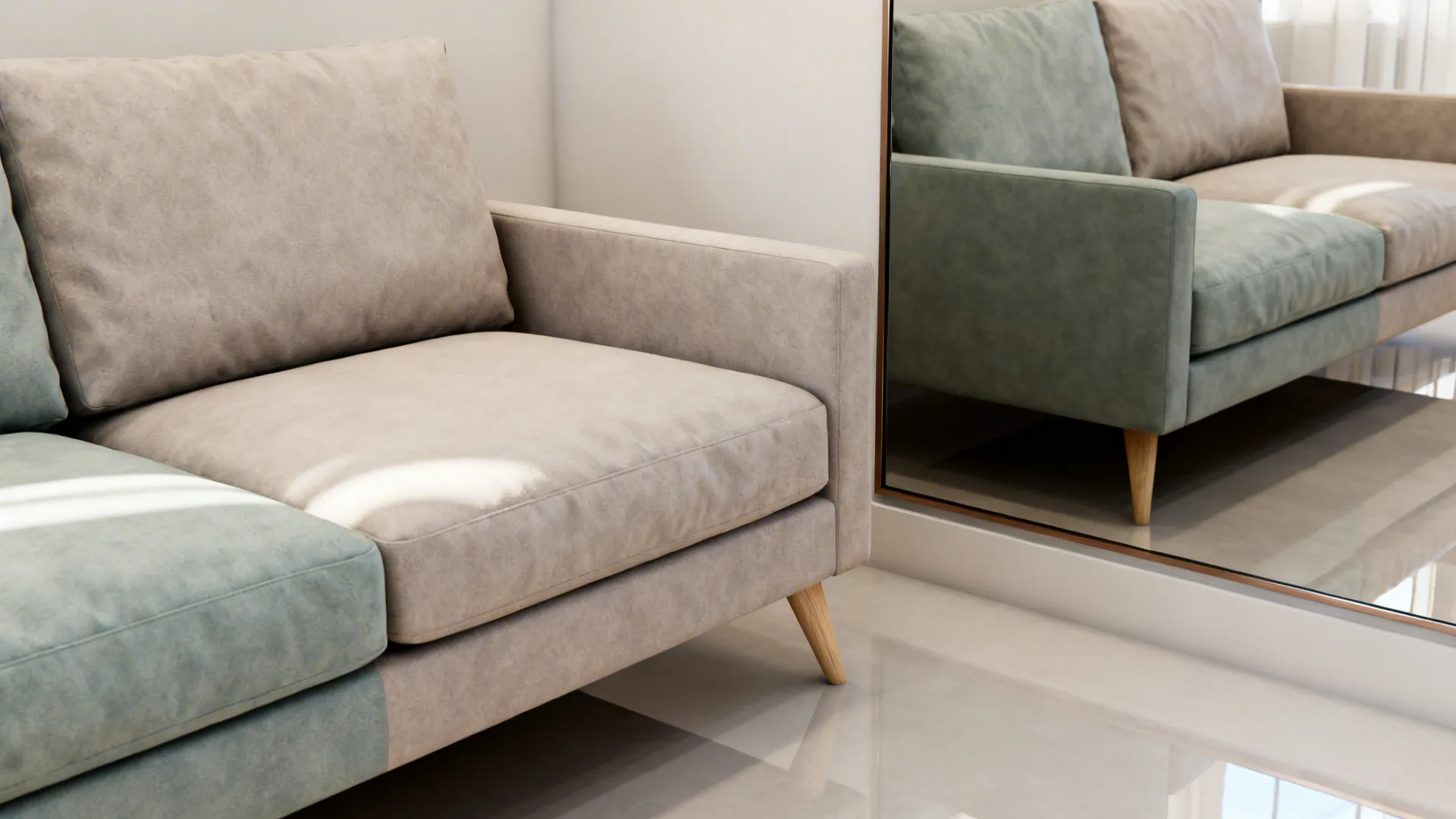 Loveseat with exposed legs and a coordinating tone beside a sofa, mirror amplifying depth and light.