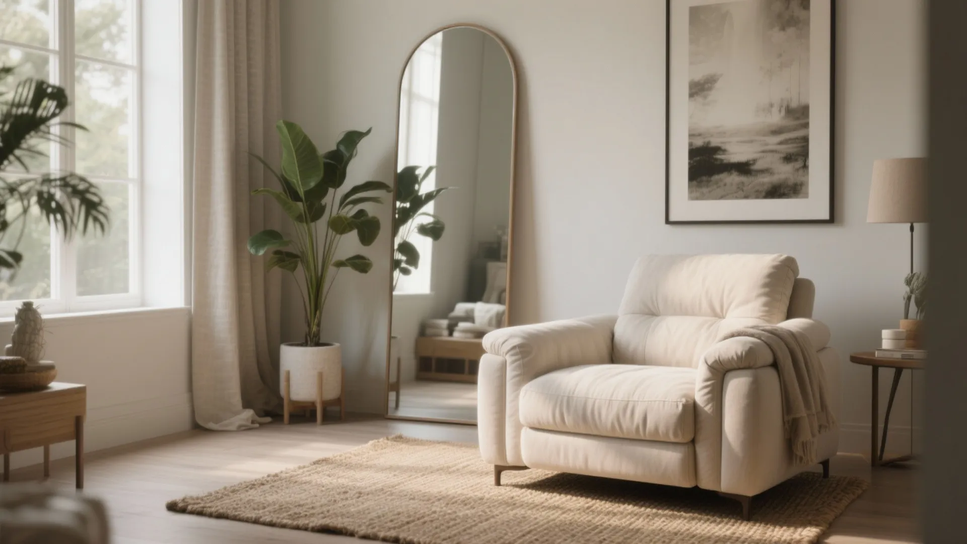 Bright living room with white sofa tall floor mirror green plant and soft natural light