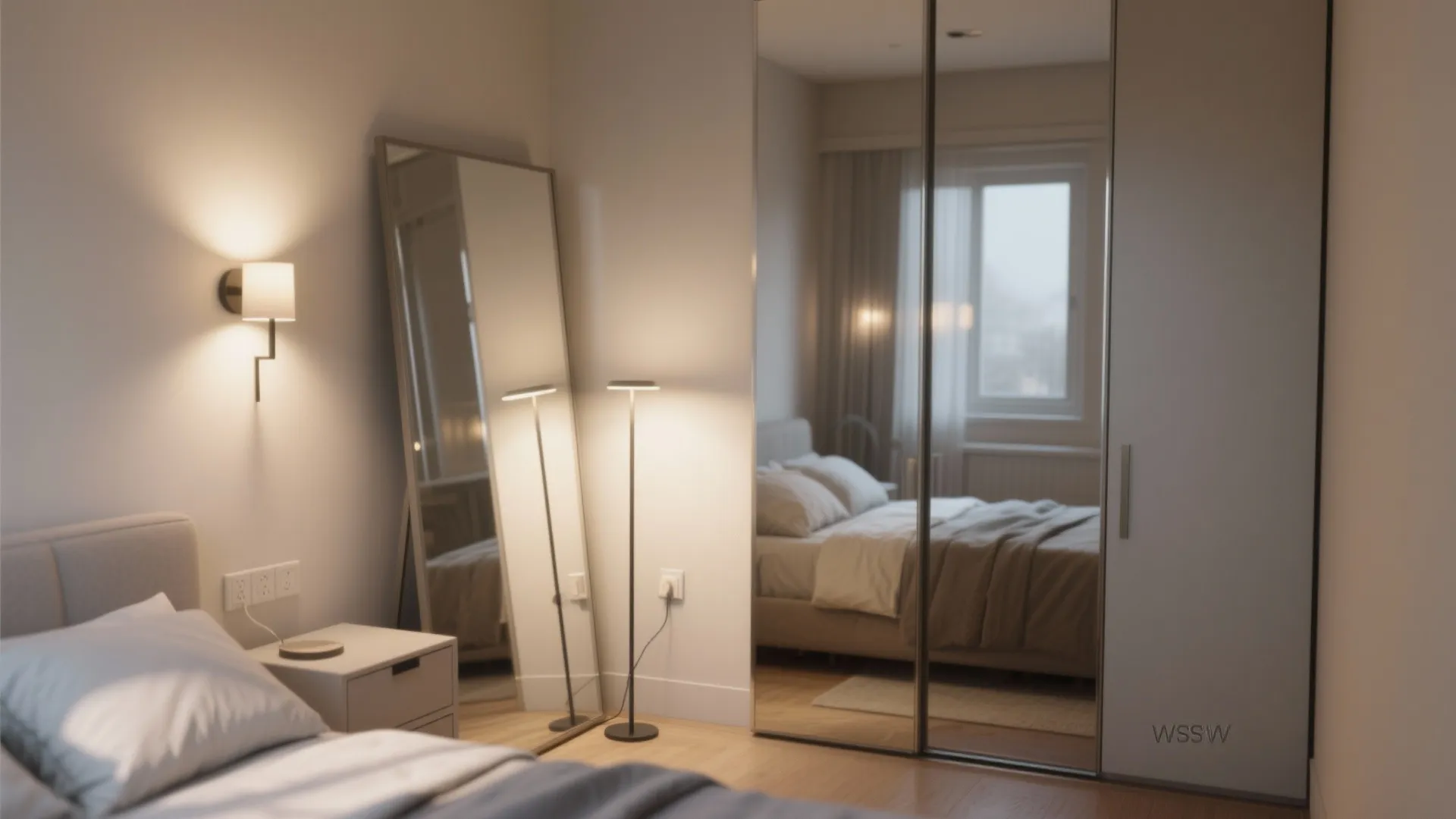 Modern bedroom featuring a full length mirror with floor lamp wall light and sliding wardrobe