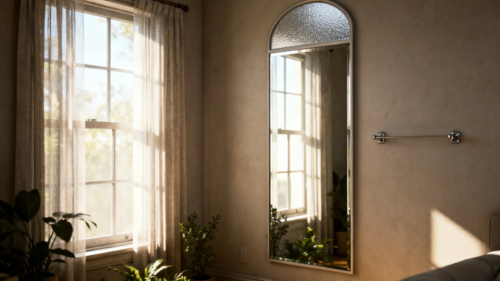Narrow full-length mirror opposite a sunlit window with sheer curtains amplifying natural light