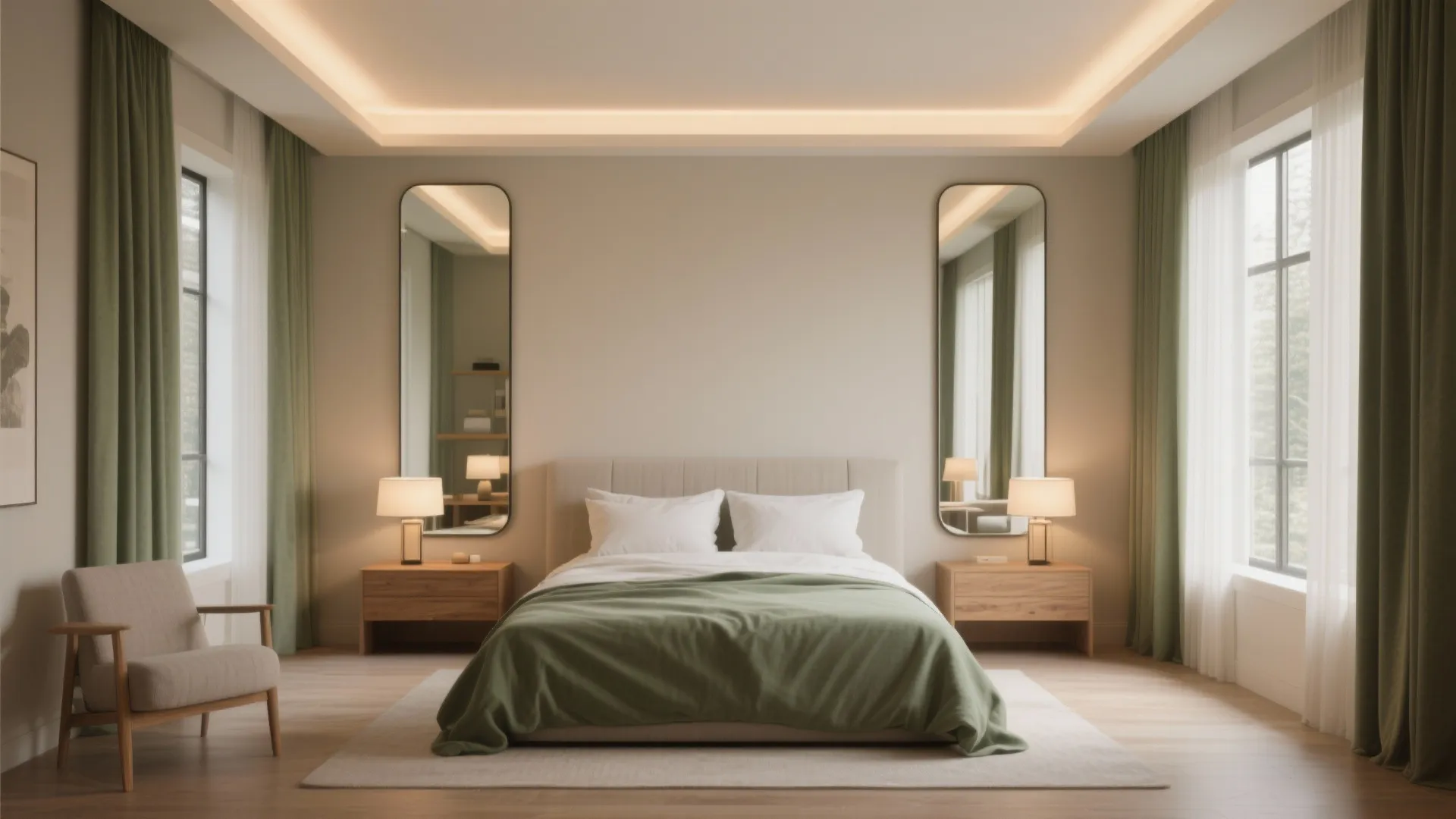 Modern bedroom with green bedding two tall mirrors wooden bedside tables and soft warm ceiling lights