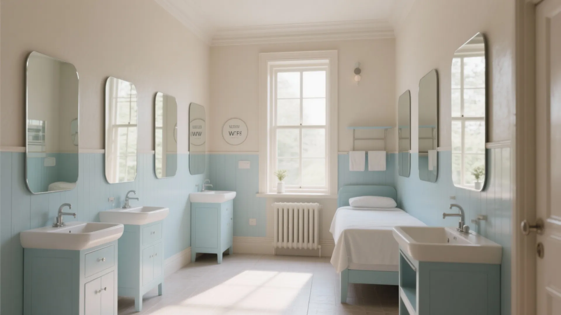 Small servant room with mirrors and light colors creating spacious illusion