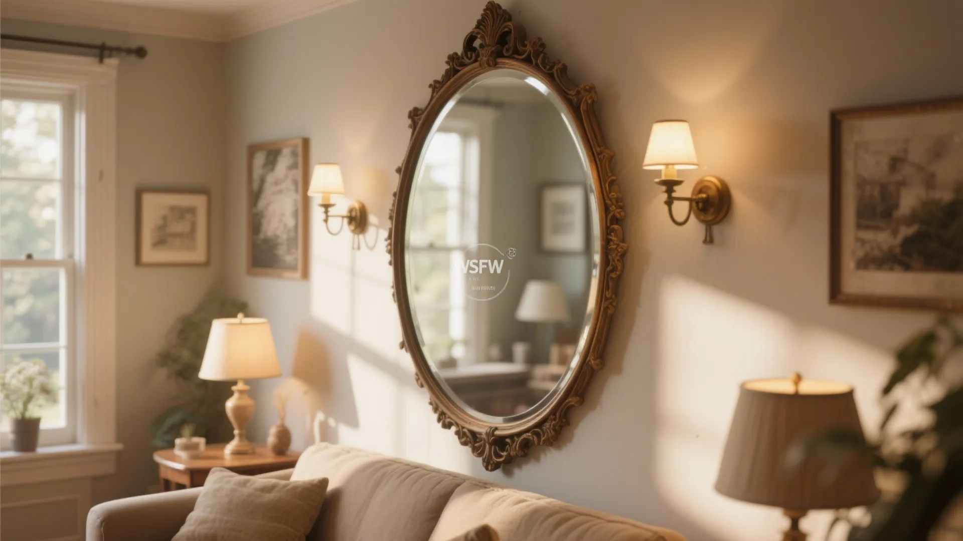 Elegant oval wall mirror surrounded by warm wall lights and lamps in a classic living room