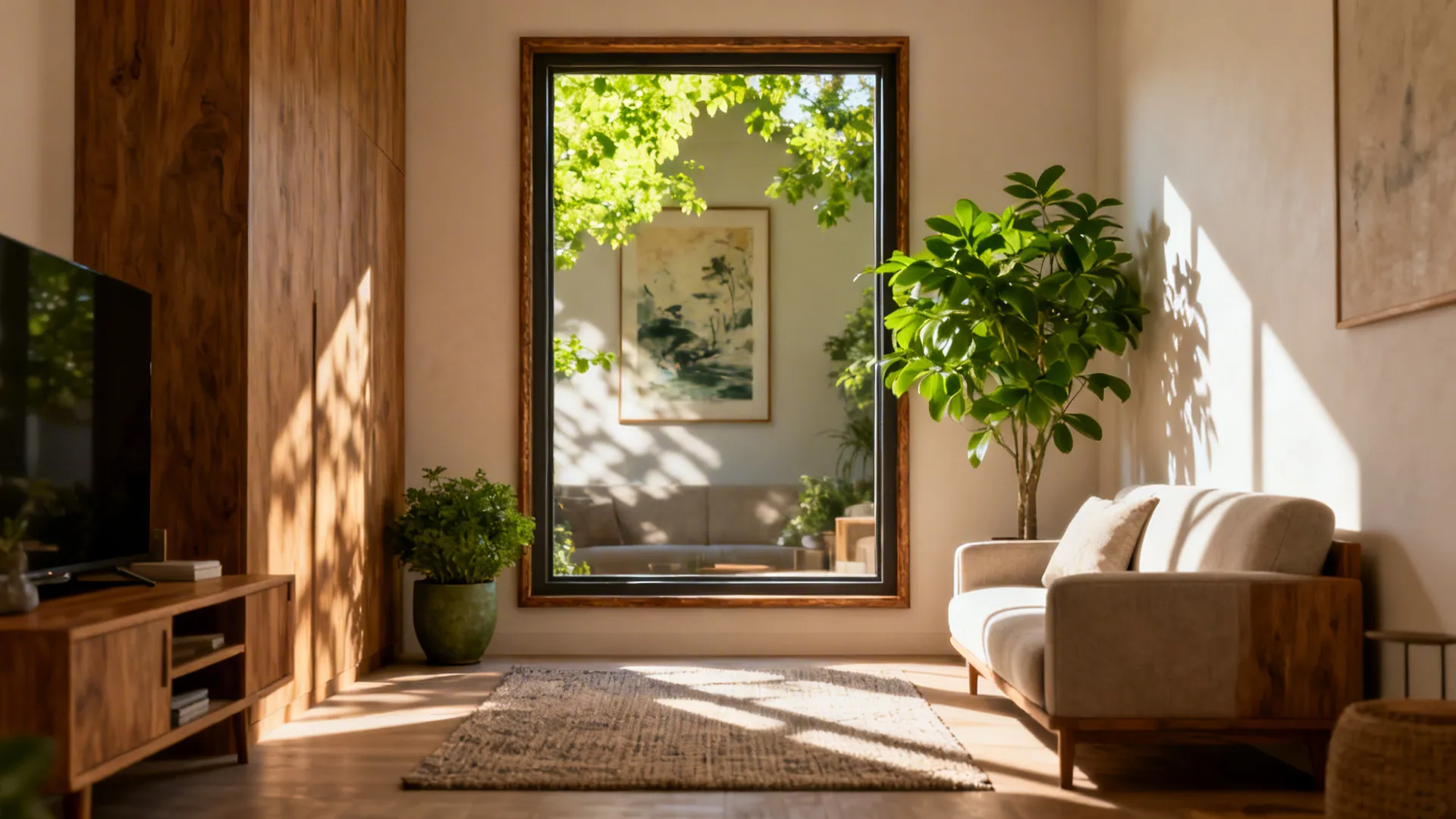 Modern living room with a large wall mirror grey sofa green plants and bright sunlight