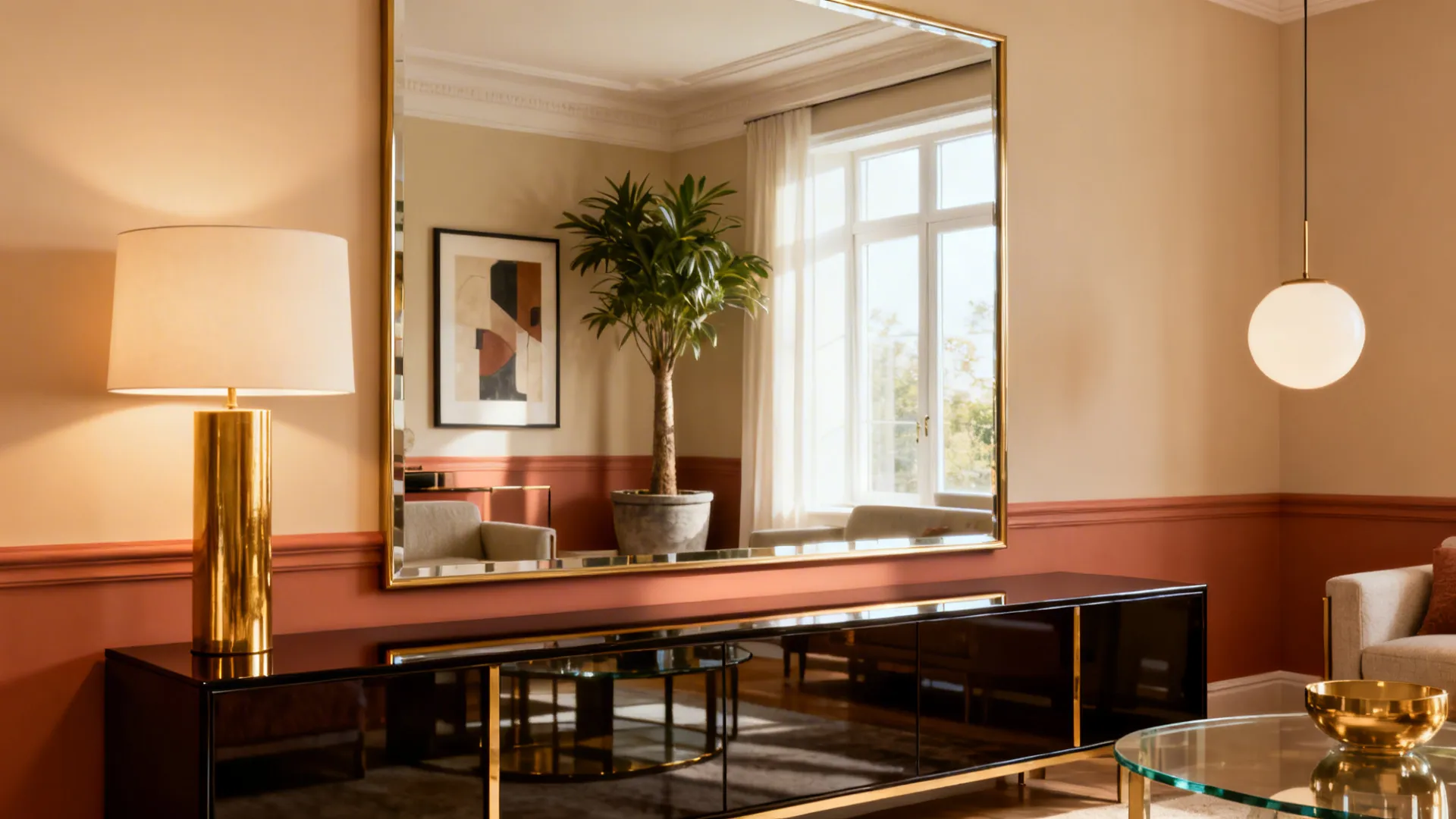 Large mirror opposite a window doubling daylight with glossy surfaces and a curated reflected vignette.