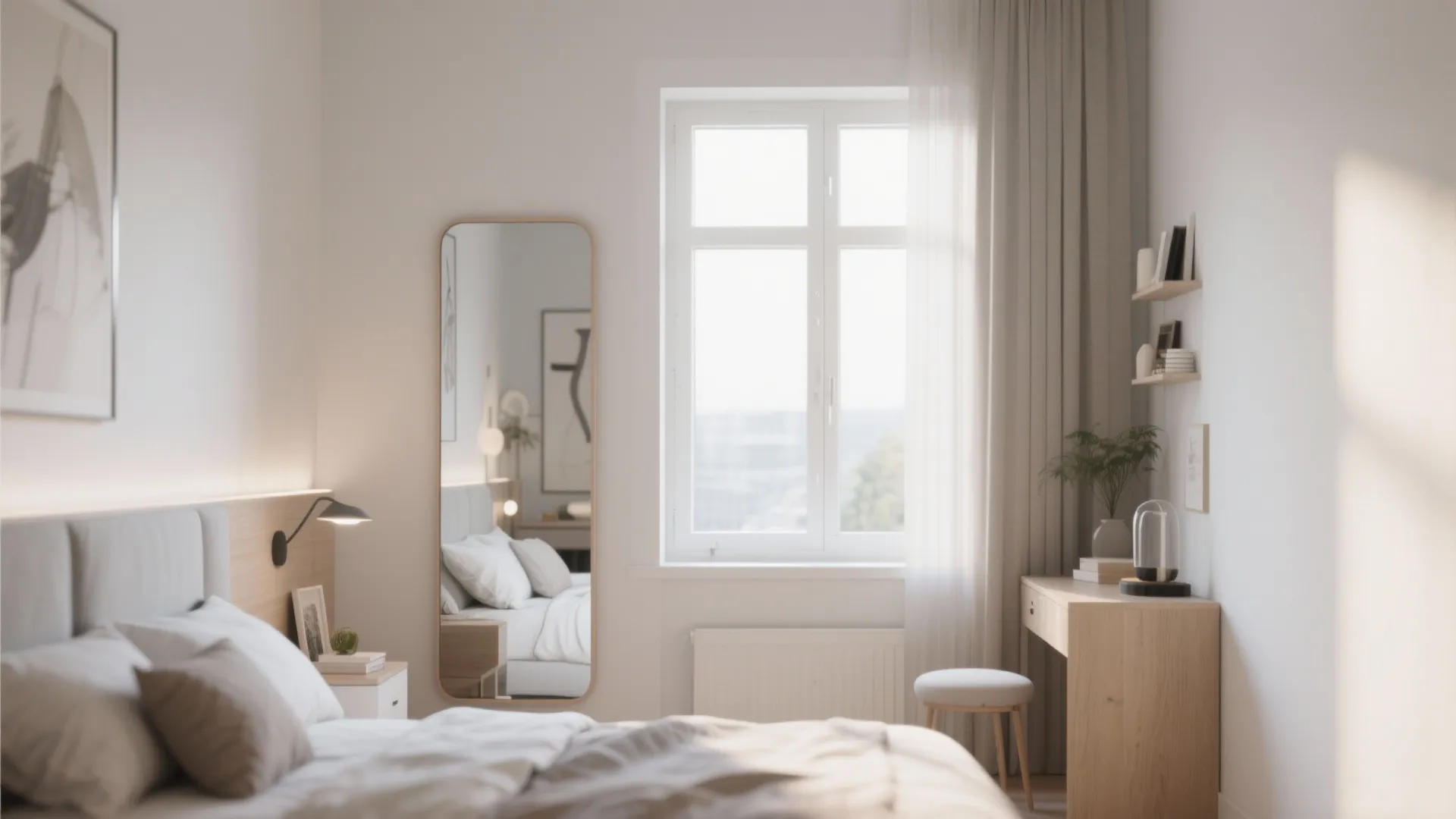 Bright small bedroom with mirror enhancing natural light