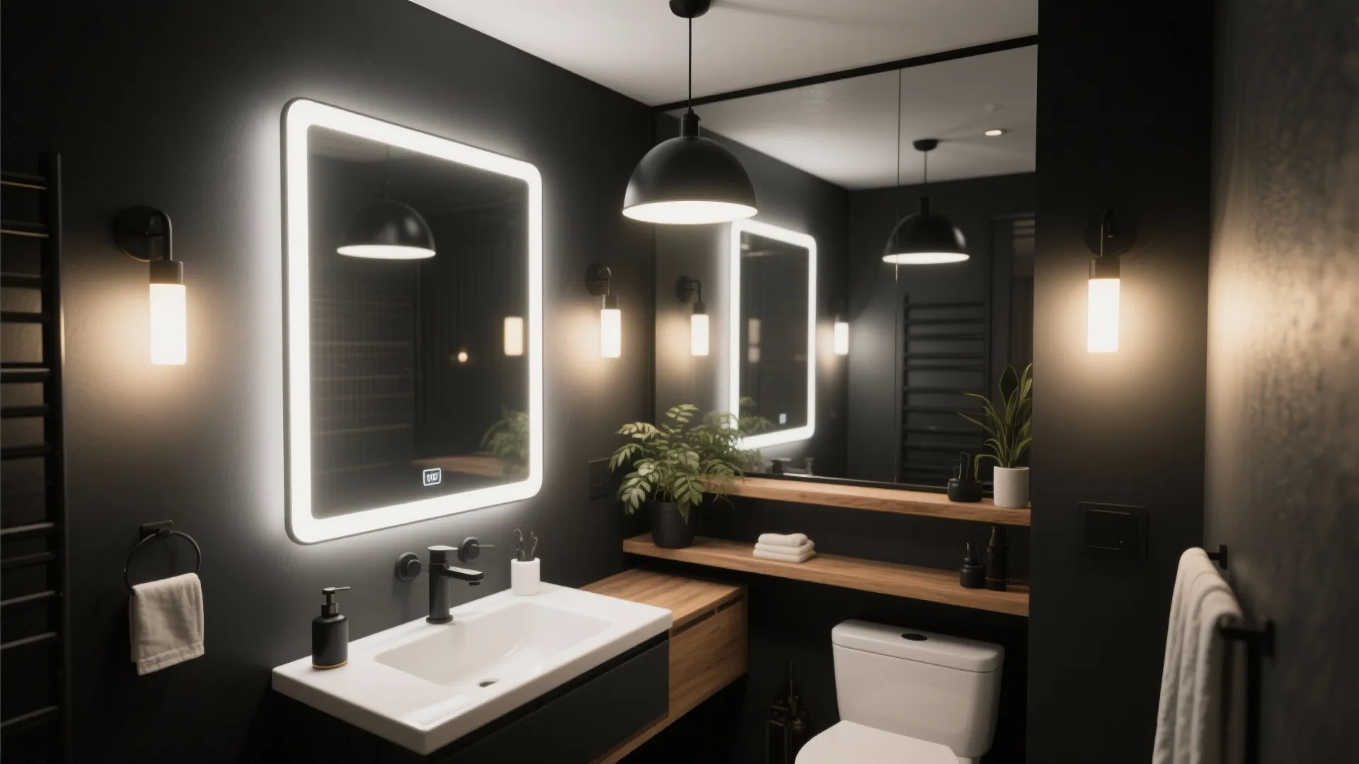 5. Mirrors and layered lighting to soften contrast