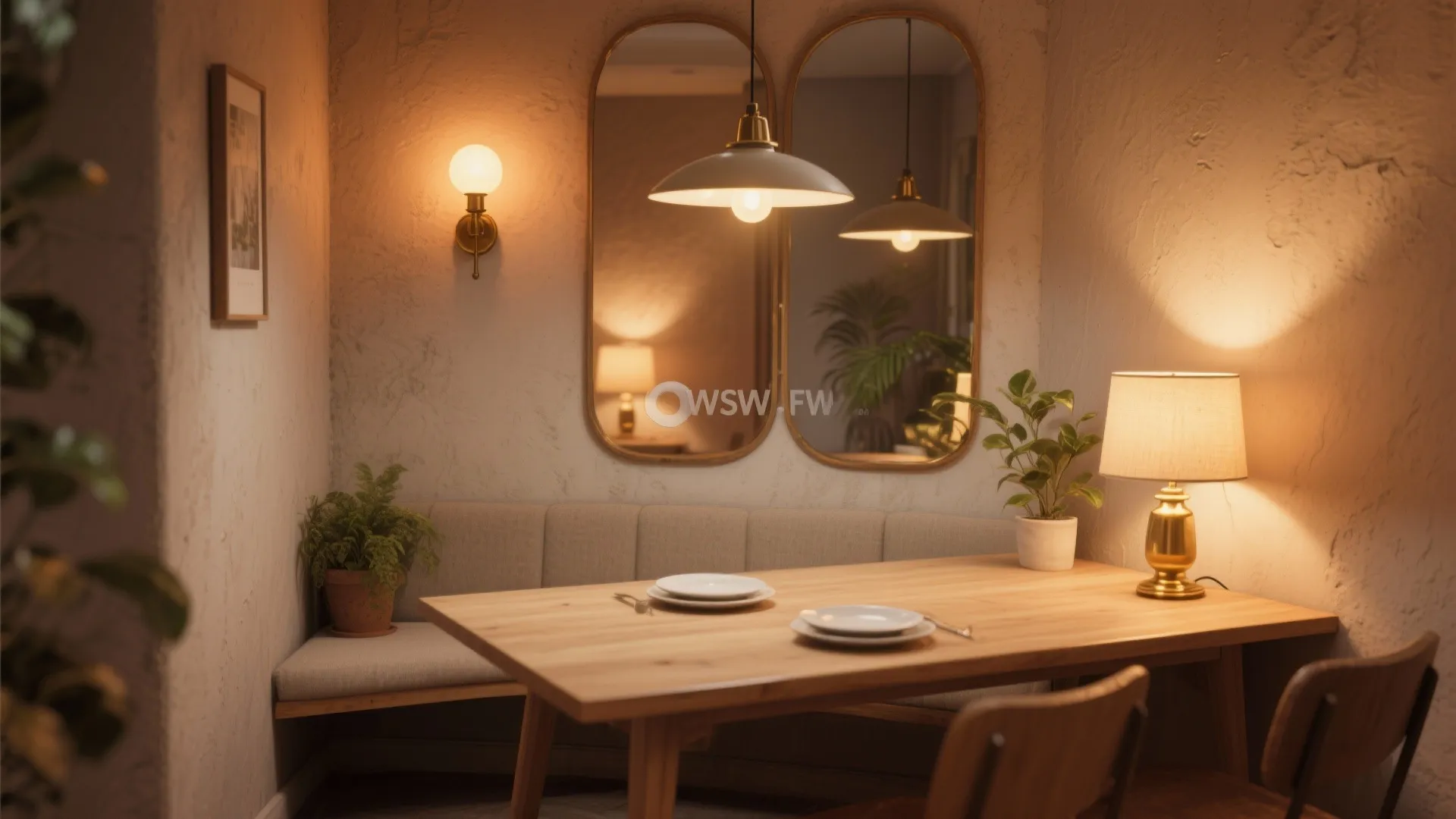 Warm dining area with wooden table soft bench wall lights and two large oval shaped mirrors