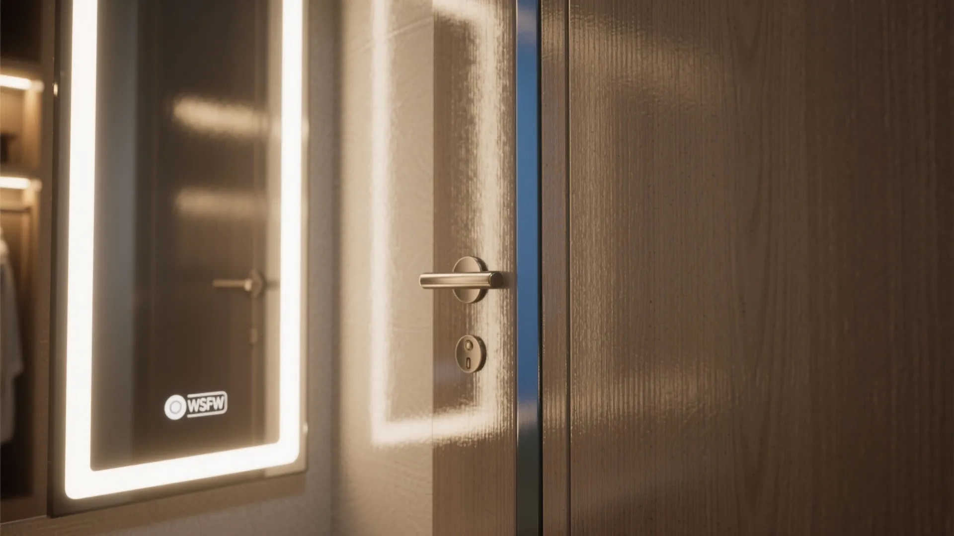 Macro detail of a reflective laminate closet door with LED accent lighting and brushed metal handle.