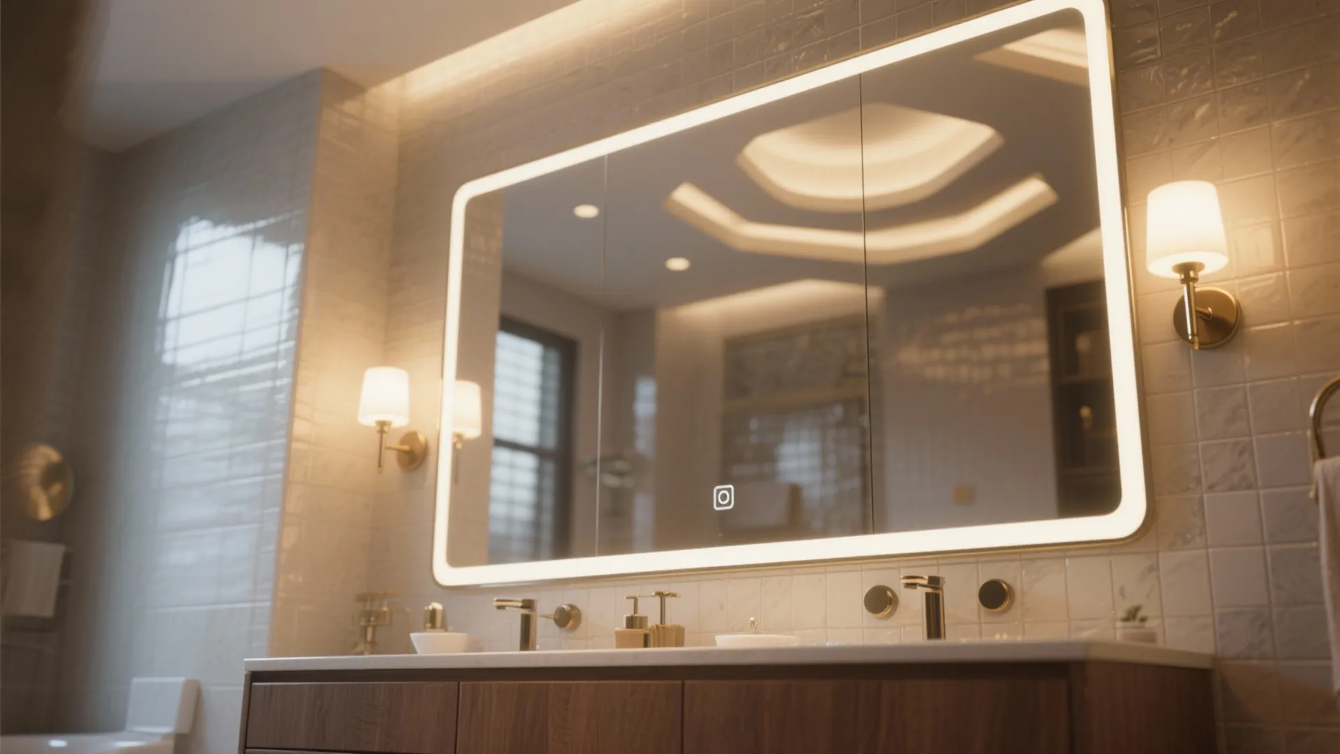 3. Mirrors, layered lighting, and reflective finishes