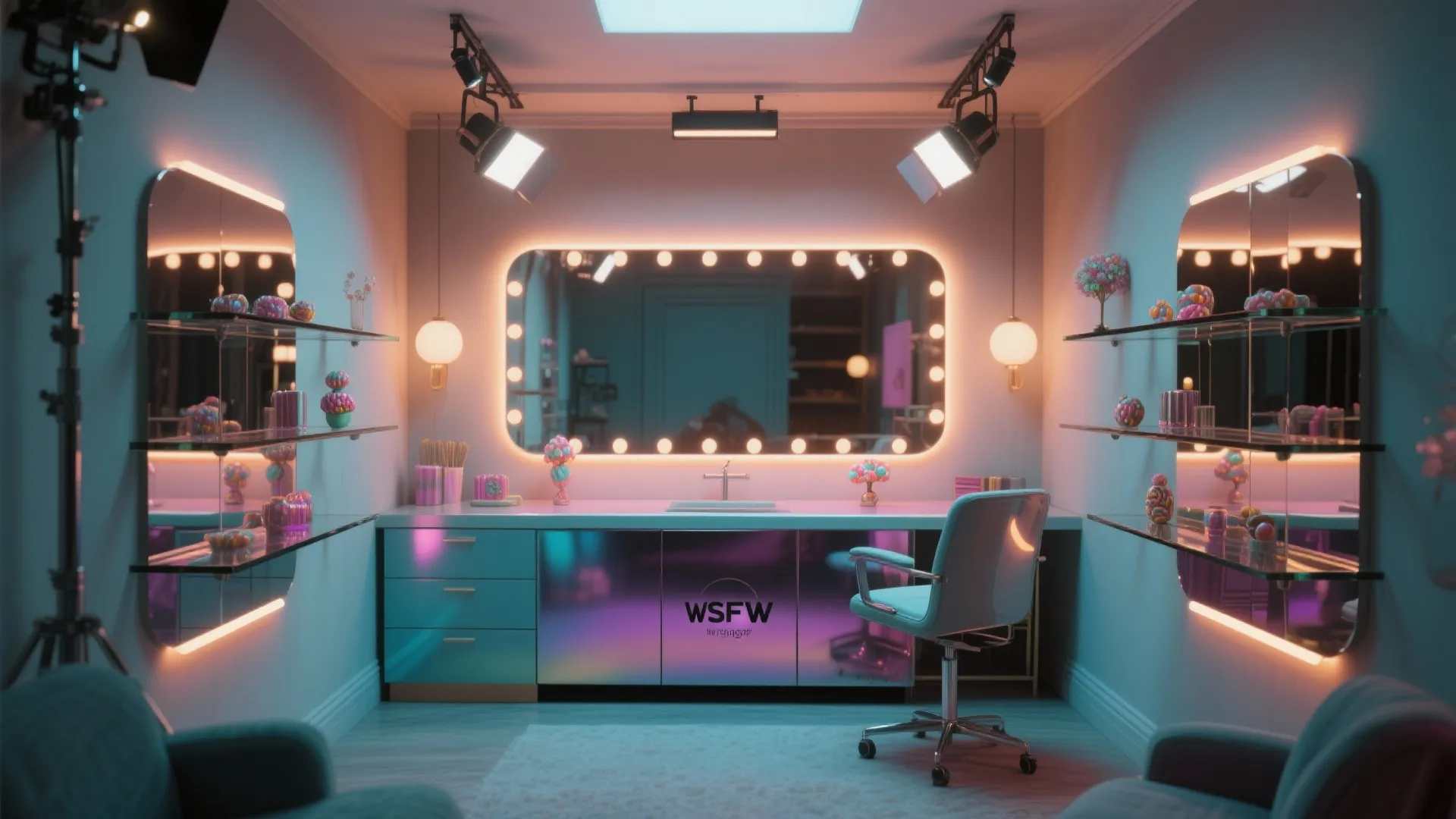 Studio interior showing candy-finish console reflected in a smoked mirror with directed LED lighting and glass shelves.